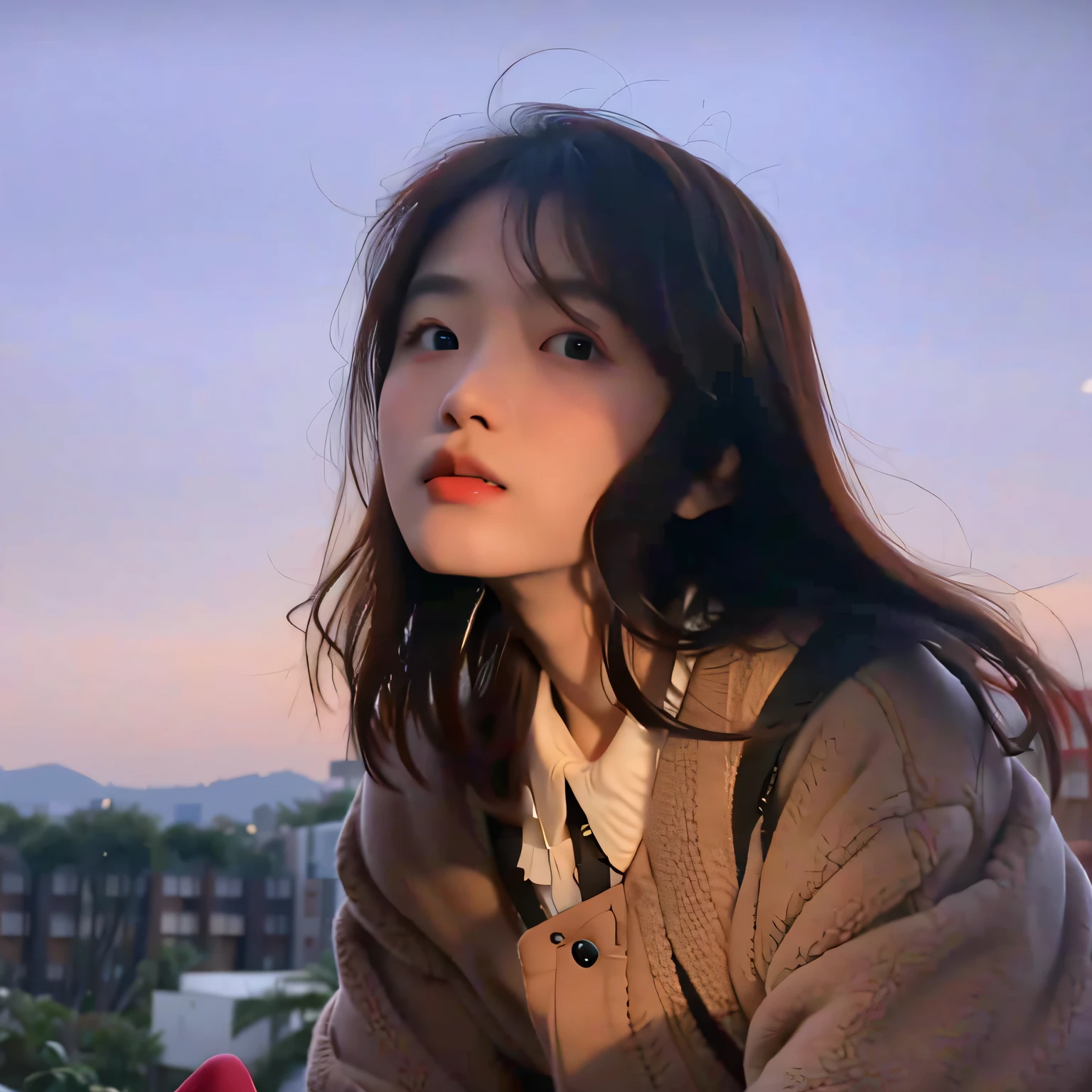 Arakfi woman sitting on windowsill,Looking Up The Sky, With sunset, soft light from the side, with backlight, soft sunset lighting, xintong chen, cover photo portrait of du juan, Chinese girl, A young Asian woman, krystal, beautifully soft lit, deep gaze to the side, inspired by Cheng Jiasui, Li Zixin