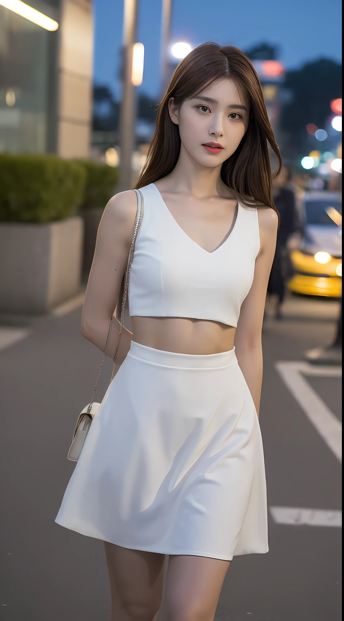 ((Realistic lighting, Best quality, 8K, Masterpiece: 1.3)), Focus: 1.2, 1girl, Perfect Figure: 1.4, Slim Abs: 1.1, ((Dark brown hair)), (White dress: 1.4), (Outdoor, Night: 1.1), City streets, Super fine face, Fine eyes, Double eyelids,