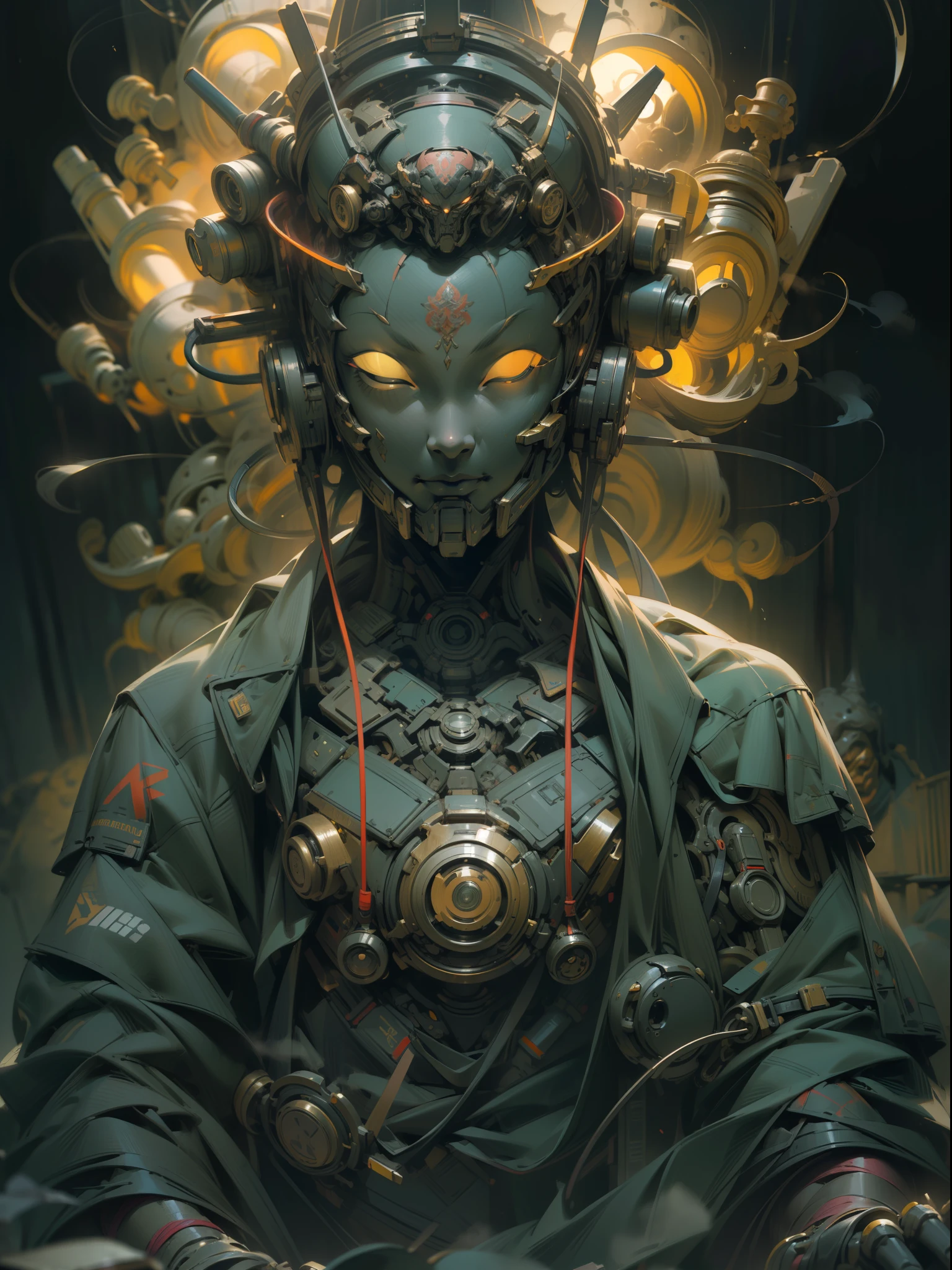 (((Masterpiece))),(((Best quality))),(((Amazing detail))),((illustration)),((A high resolution)),((8K)),Buddha,Buddha nimbus,Buddhist backlight,eyes closed,chiaroscuro,cyberpunk,mecha,metal material,neon light,pov,from below,dark fantasy,Black atmosphere,overcast,realistic,Photorealistic painting art,Rich texture,complex headwear,the whole body,full body,gear background,steam,