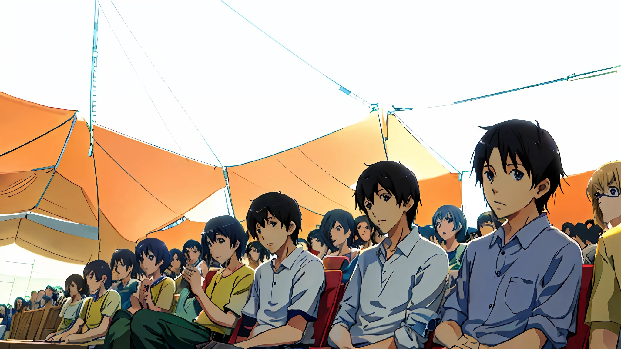 Anime characters sitting in tents with a group of people, kyoto animation still, bakemonogatari, Makoto Shinkai!, Makoto Shinkai!!, makoto shinkai art style, bishounen, audience in the background, yusuke murata and makoto shinkai, conrad roset and makoto shinkai