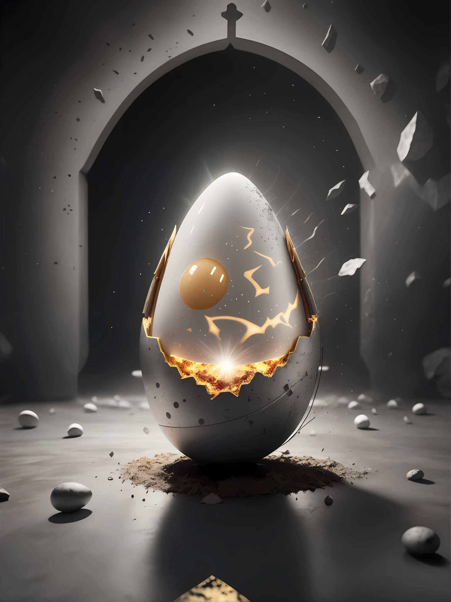 Efecto Shatter en After Effects, un huevo grande de Star wars  con un agujero en una superficie oscura, Arte digital 3D 4K, Cinema 4D Bright Light Render, cine 4 d art, Renderizado 3D Arte Digital, Humpt dumpty en forma de huevo, Digital Artistic Representation, Renderizado de alta calidad, Magic Frozen Ice Phoenix Egg, Cine 4D renderizado, Cine 4D renderizado, fondo blanco, barra diagonal de color, Aint Unreal Engine, octano (huevos rotos | intrincado Cristo:1.27) Como ilustrado por Simon Bisleyiplice & Chris Hemsworth W 1 0 8 2 sosteniendo Aeons Old Weapon + Espada ornamentada y detallada + New technology from Angel Wings + Arte de concepto sagrado + Carne hiperrealista, Fuego procesal en After Effects., pink