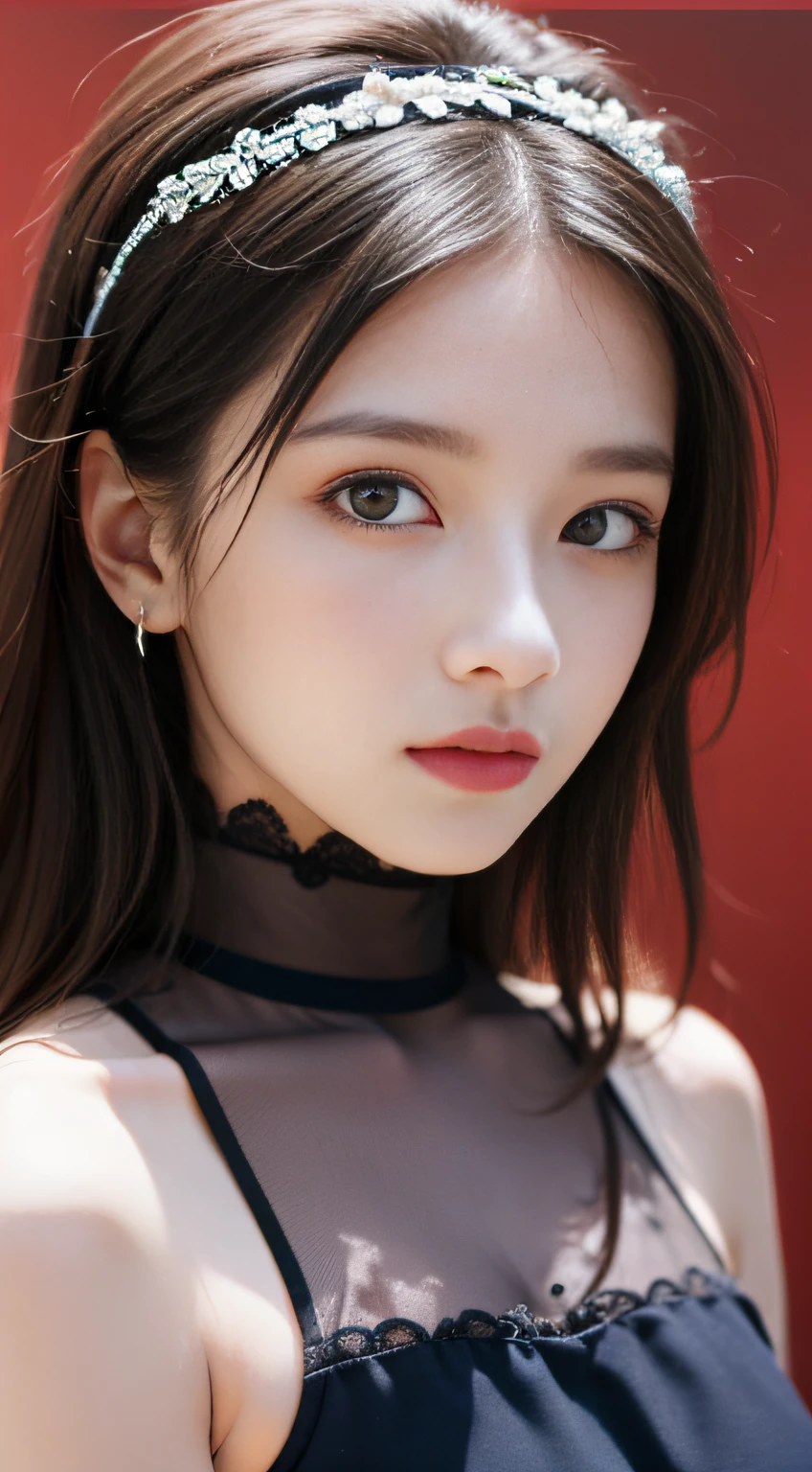 hair over one eye,Black Headband denies.2b\(Bride\),(hair on one eye:1.2),(Black headband:1.2), (Extremely detailed Cg Unity 8K wallpaper), (Ultra-detailed), Masterpiece, Best quality, Mature woman,(Masterpiece), (Best quality), full body,Simple background,(illustration),((Beautiful detailed girl)),Beautiful face,Beautiful detailed eyes, Red border,Atmospheric perspective,Sitting,landscape