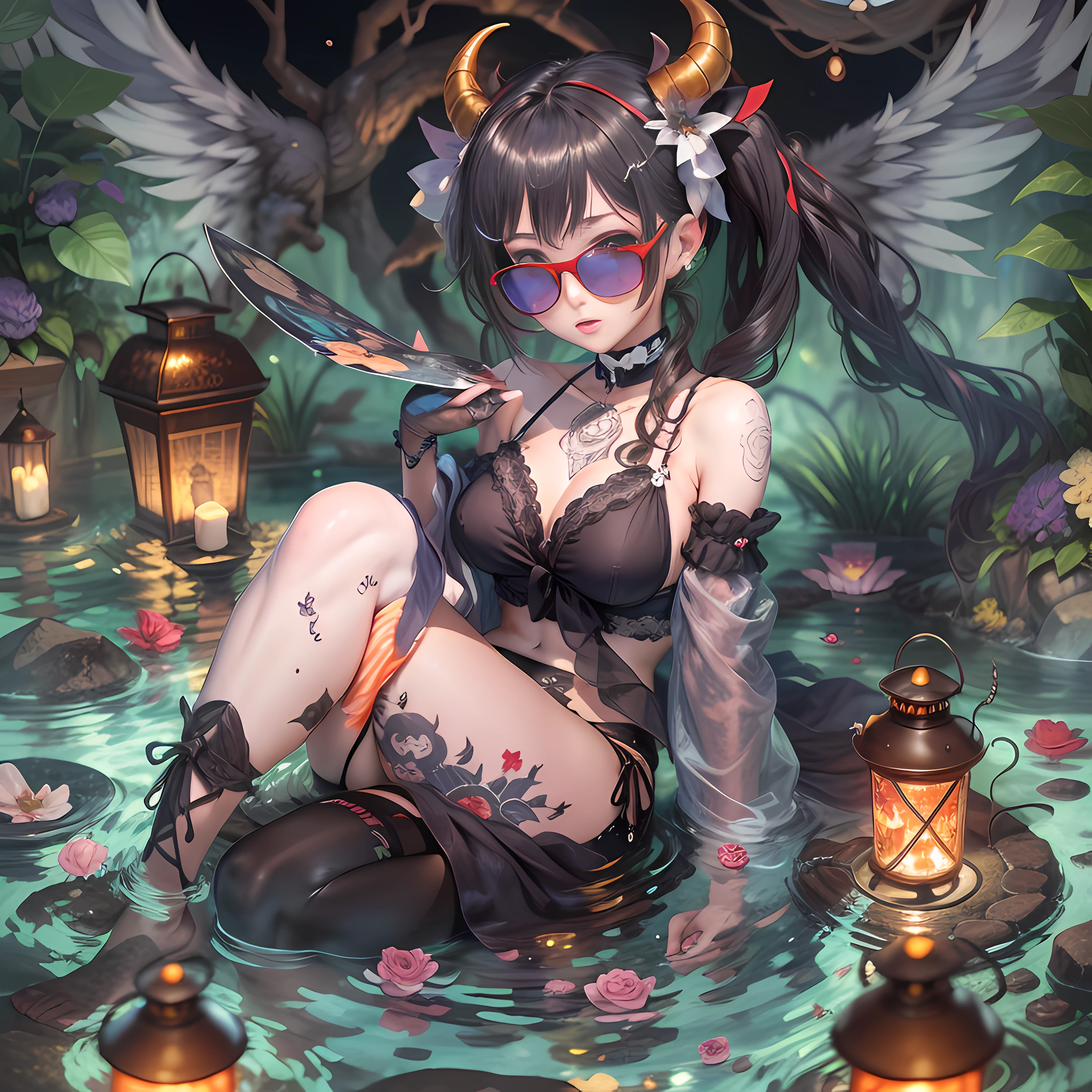 faux traditional media,mousepad (medium),photomosaic,partially underwater shot,black rose,onsen,cloud,lantern/lamp,green theme,white thighhighs,red eyes,tongue out,bikini,swimsuit,choker,large breasts,kemonomimi mode,1girl,looking at viewer,upper body,sunglasses,twintails,sitting,tattoo,demon wings,