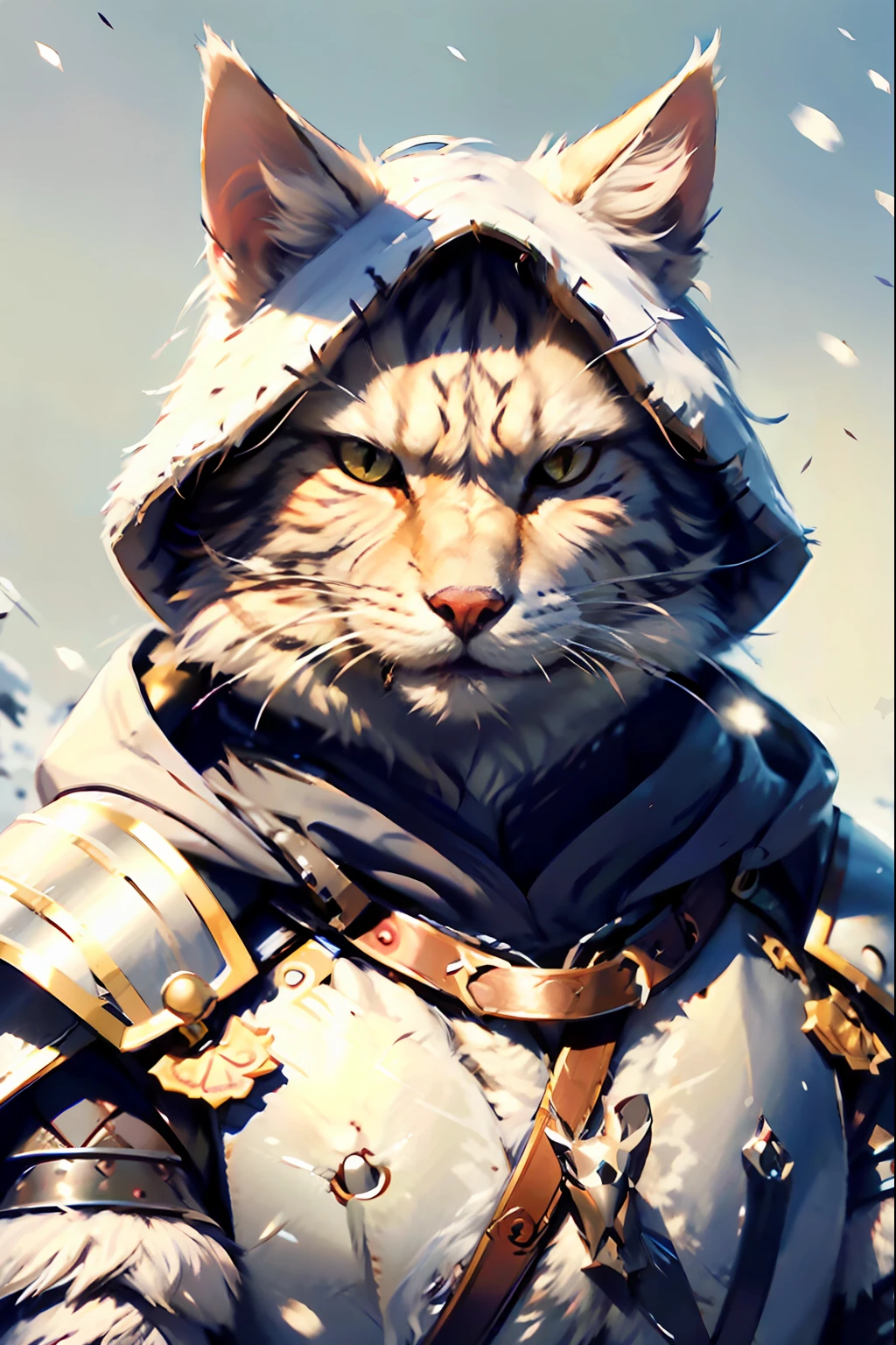 c4ttitude, Northern warrior in a wide hood, watchful, almond-shaped eyes, Tranquil, sleek fur, Male warrior, disciplined, concentrated, fluffy armor made of white wolf skins, guarded coverage, clawed paws, snowy white background