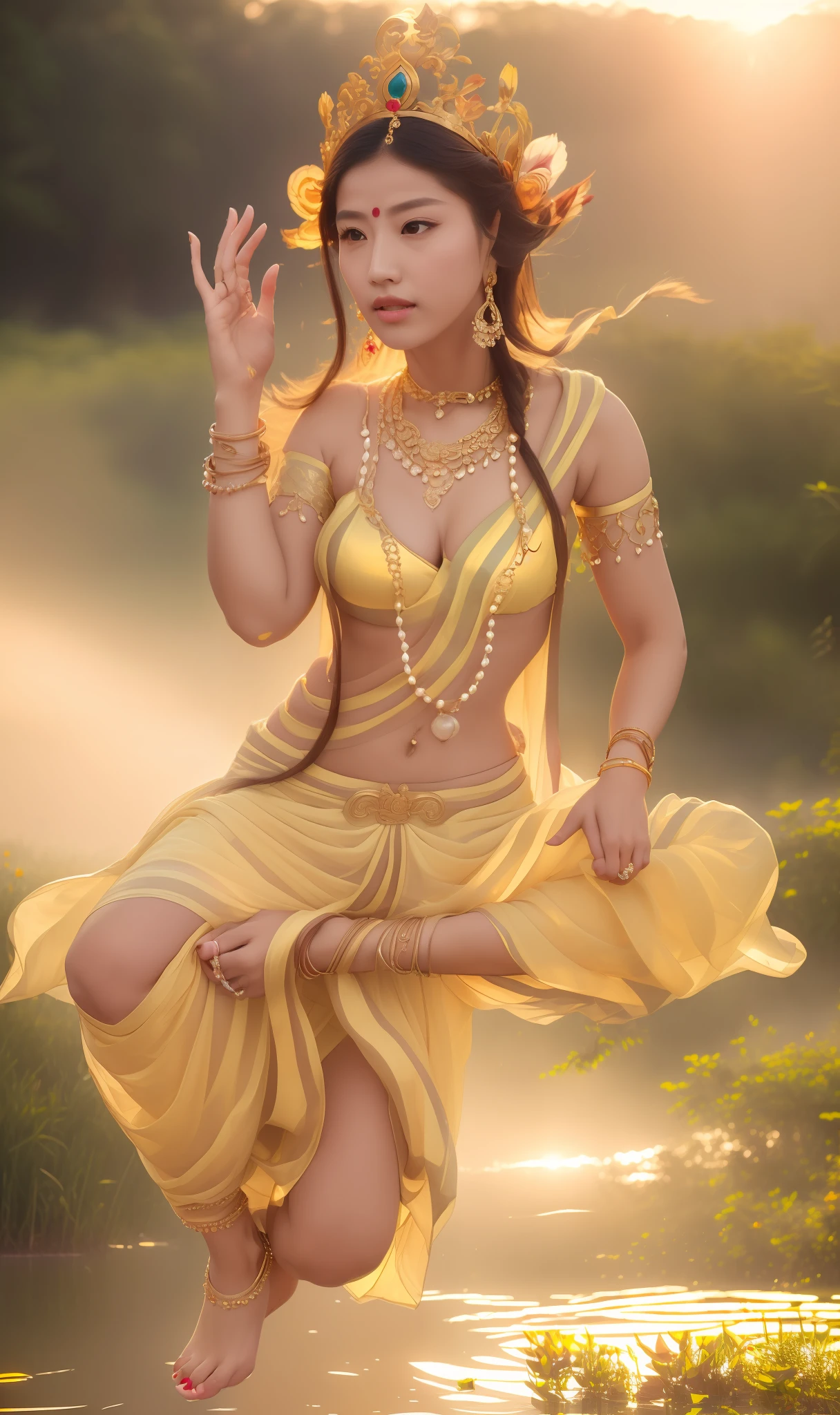 Beautiful goddess Bodhisattva sitting on a lotus flower,16 yaers old,Hold up your mudra,Fair and soft skin,Fine hands and feet,(primitive:1.2),(realisticlying:1.4),(Sharpness:1.2),(((body high:1.5))),(((Gemstones refract dazzling light))),((middlebreast:1)),(Abs:0.7),(glute:1.2),(healthy-looking skin, Thin skin, seductiveexpression, 二重まぶた,Jelly textured lips, Glowing lips,Small upturned lips,(((Flawless skin texture))),Real pores,ctextured skin,crown,choker necklace,Yingluo,(Wear gemstones,pearls,hisui,amber,),(Dynamic hair,Hair hanging down the shoulders,Beaded hairpins,Layered hair,Wet skin texture),Glossy glossy skin,Glowing skin,Radiant hair,eyes looking at the lens,In the Land of Flowers,sunny clear sky,High quality detailing, Positive light,Cinematic lighting,absurderes, unbelievable Ridiculous, hugefilesize, ultra - detailed, A high resolution, The is very detailed,best qualtiy,tmasterpiece,illustratio,The is very detailed,CG,unified,8k 壁纸,Amazing Cleavage,finely detailled,tmasterpiece,light in face,cinmatic lighting,(((Dynamic lens,Focus on people))),((body proportions of the high jumper)),(((dynamicposes))),(((Correct anatomy))),(((garments:Indian red sari made of clear plastic))),((Pedras preciosas,Diamond,pendant,choker necklace,waist chains,ear studs,耳Nipple Ring,Bracelet,Anklets)),(((A world of mist and nothingness))),(((Set with precious stones))),(((Body floating in the air,foot in the air,Tiptoe off the ground,flight))),(((cinematic ligh:Fall))),with blue sky and white clouds,