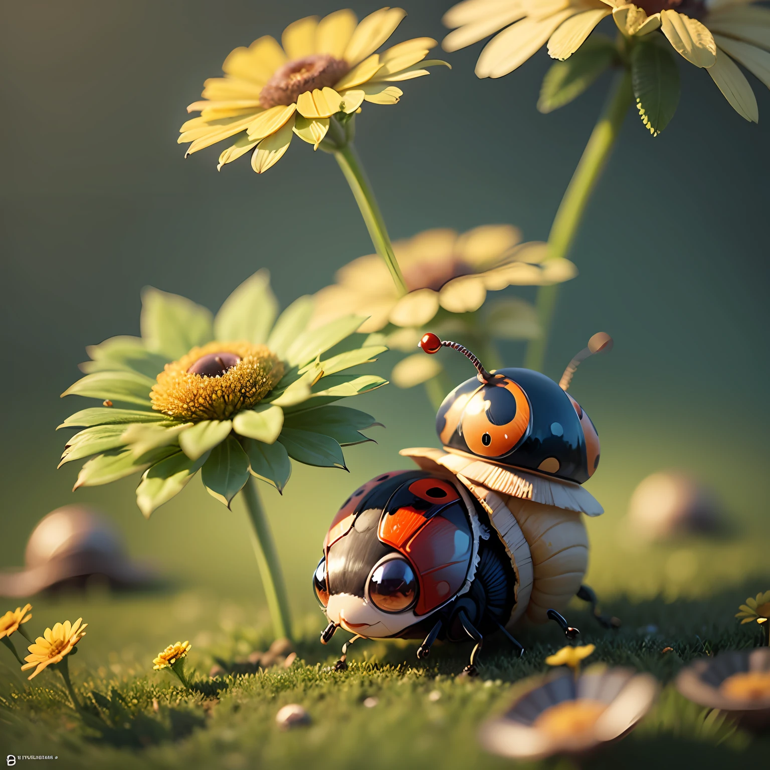Close-up. Funny, cheerful Ladybug and Snail, super photorealistic, cinematic, Disney Pixar cartoon style, muted colors, slight haze. Blurred fantasy background of flower meadow. 8K --auto --s2