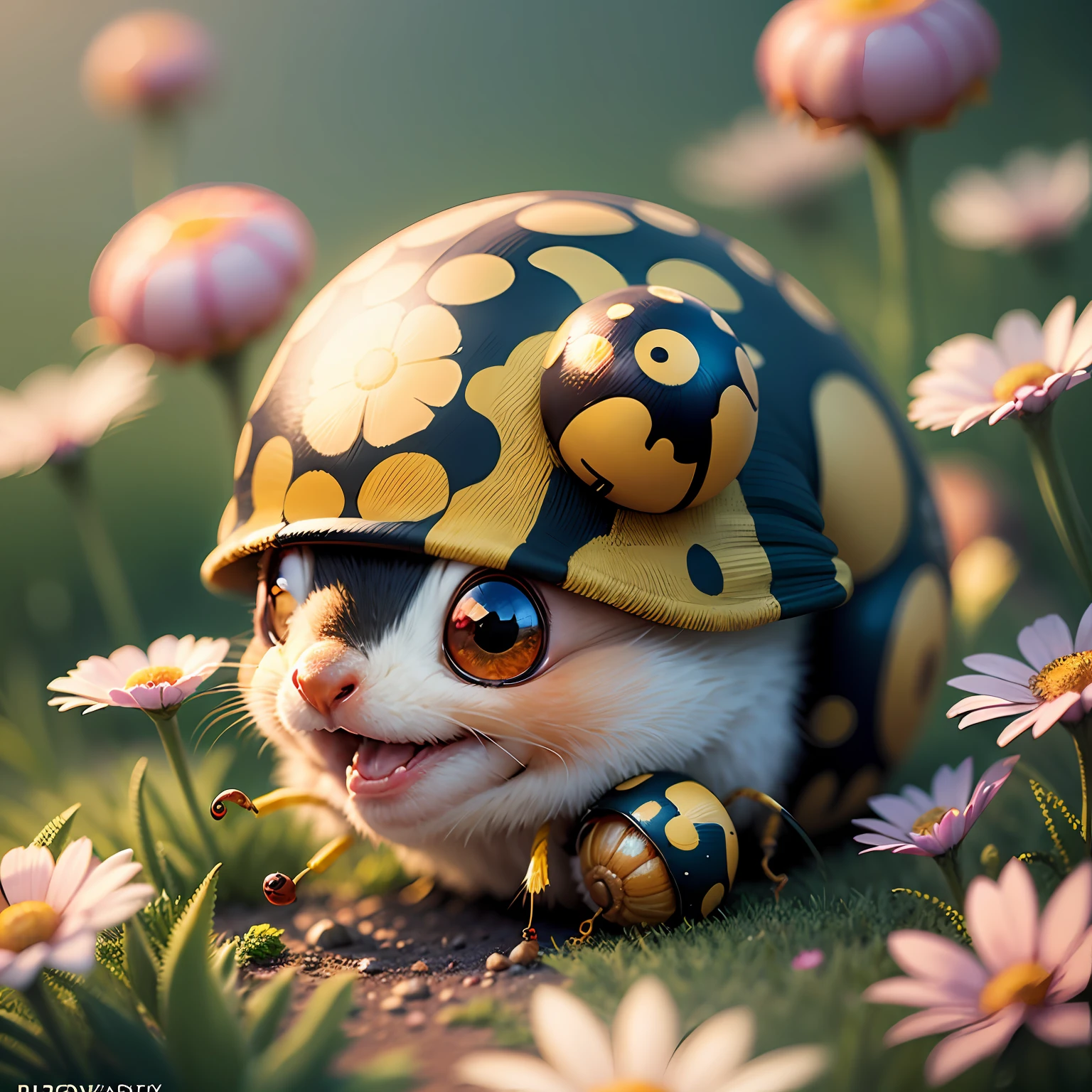 Close-up. Funny, cheerful Ladybug and Snail, super photorealistic, cinematic, Disney Pixar cartoon style, muted colors, slight haze. Blurred fantasy background of flower meadow. 8K --auto --s2