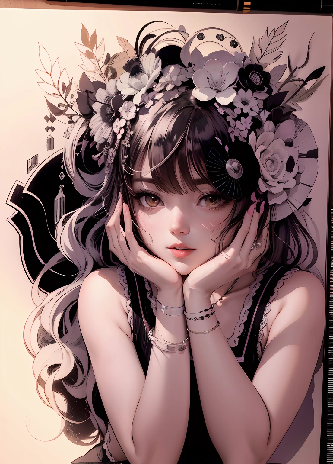 drawing of a woman with a flower crown on her head, pencil and ink manga drawing, outline sketch, detailed manga style, anime sketch, manga drawing, manga illustration, intricate manga drawing, pencil and ink manga, line sketch!!, lineart, a manga drawing, faded drawing, black and white sketch, ink manga drawing, pencil doodle, detailed portrait of anime girl,, beautiful line art, detailed manga style, extremely fine ink lineart, black and white manga style, black and white line art, ink manga drawing, intense line art, pencil and ink manga drawing, intense black line art, in style of manga, exquisite line art, perfect lineart,exquisite line art, exquisite digital illustration, detailed digital drawing, black and white coloring, digital anime illustration, a beautiful artwork illustration, detailed matte fantasy portrait, beautiful line art, great digital art with details, goddess. extremely high detail, 4k detailed digital art, stunning digital illustration, digital fantasy illustration,((Best quality)), ((masterpiece)), (detailed:1.4), 3D, an image of a beautiful female,HDR (High Dynamic Range),Ray Tracing,NVIDIA RTX,Super-Resolution,Unreal 5,Subsurface scattering,PBR Texturing,Post-processing,Anisotropic Filtering,Depth-of-field,Maximum clarity and sharpness,Multi-layered textures,Albedo and Specular maps,Surface shading,Accurate simulation of light-material interaction,Perfect proportions,Octane Render, Two-tone lighting,Wide aperture,Low ISO,White balance,Rule of thirds,8K RAW