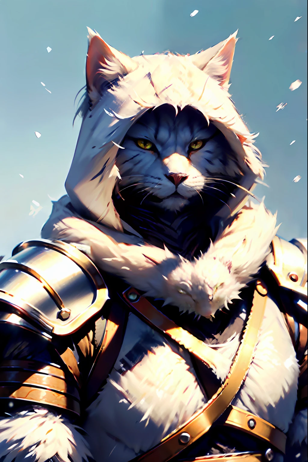 c4ttitude, Northern warrior in a wide hood, watchful, almond-shaped eyes, Tranquil, sleek fur, Male warrior, disciplined, concentrated, fluffy armor made of white wolf skins, guarded coverage, clawed paws, snowy white background