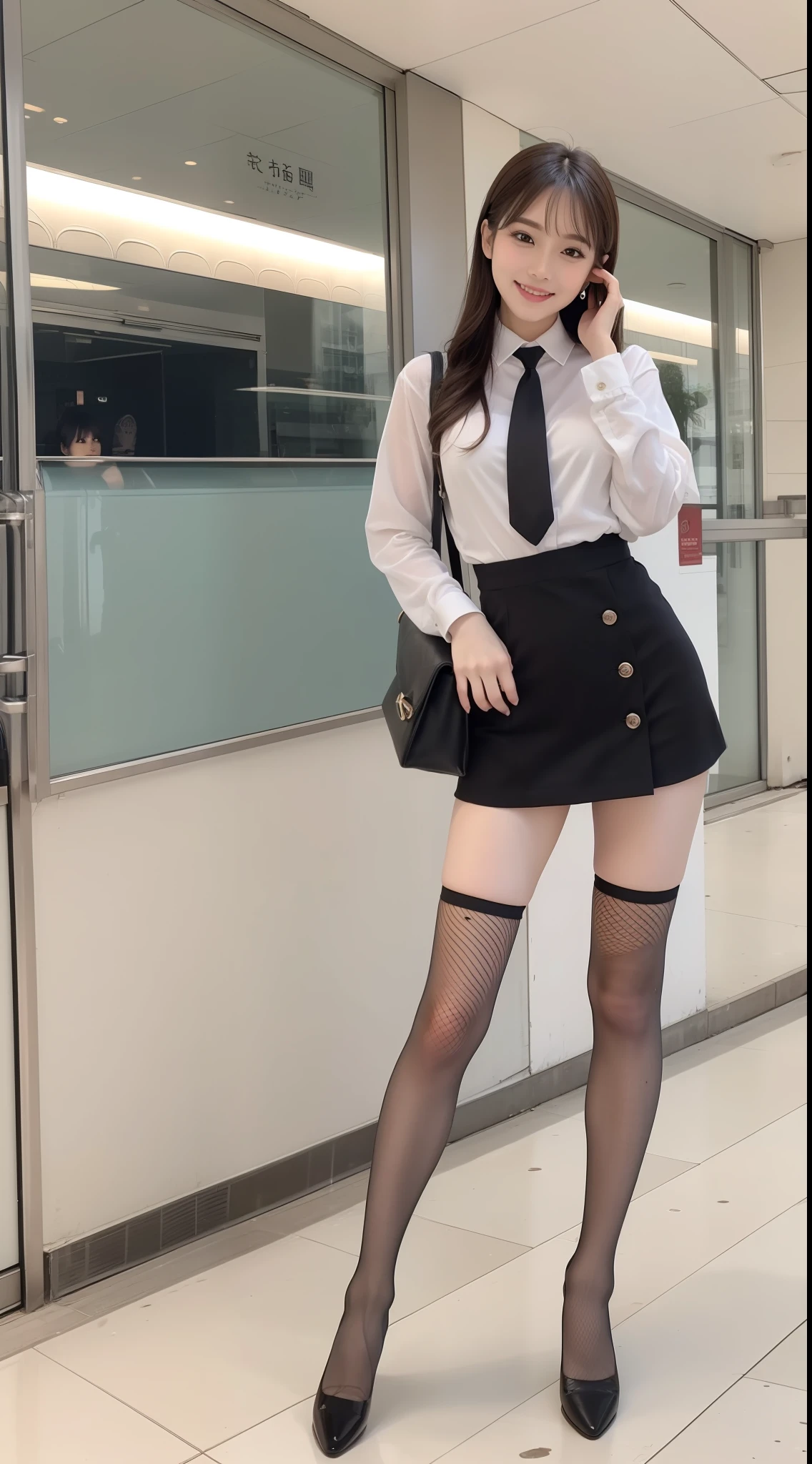 (true to life,Photorealistic 1.5),((best qualtiy, 8K, tmasterpiece:1.3)), (二重まぶた,largeeyes:1.3),(smile1.5),(Full body photo 1.5)(One person 1.5)Clear focus 1.2, Perfect body beauty:1.4 , Delicate skin1.1,(Long brown hair 1.5),(Delicate facial features1.4),(Pure desire 1.3)(Fishnet socks 1.5)(The leg length is one meter two,1.5),flightattendantuniform,Slender legs,Round scalp shoes,Urban Street
