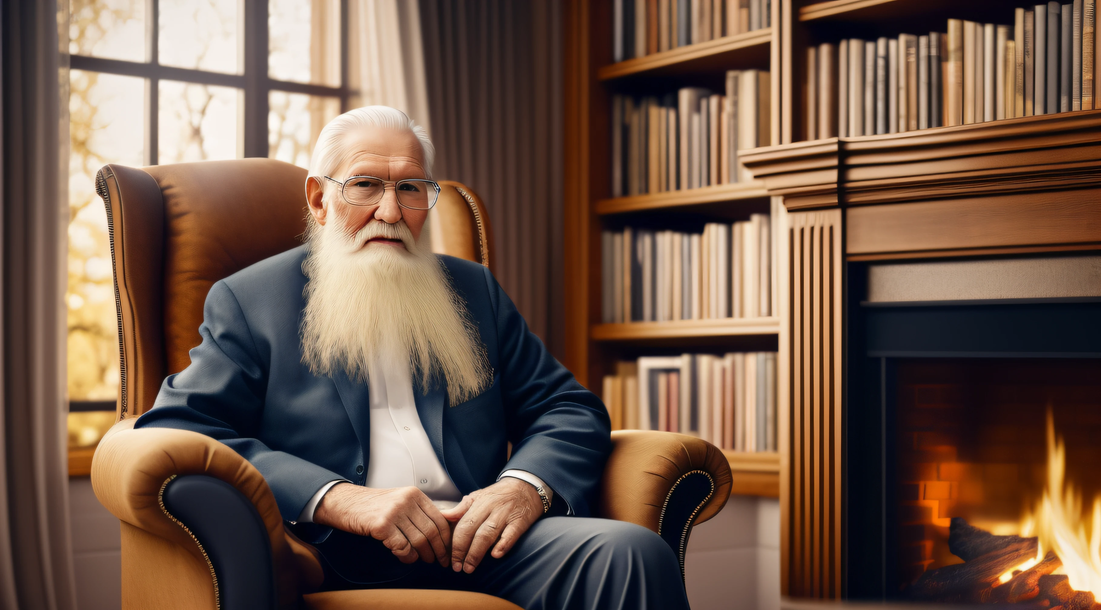 Elder wiseman seated on a chair by a fireplace, old and wrinkled, long white beard, library, large window in background, fantasy, wonder, amazing, bright office or study, backlighting, bloom, light sparkles, sharp focus, 8k