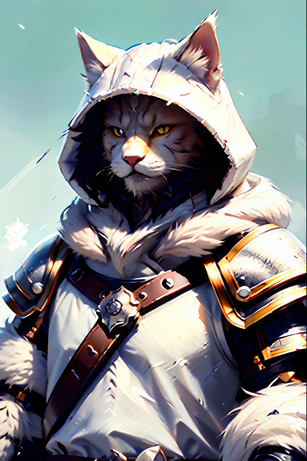 c4ttitude, Northern warrior in a wide hood, watchful, almond-shaped eyes, Tranquil, sleek fur, Male warrior, disciplined, concentrated, fluffy armor made of white wolf skins, guarded coverage, clawed paws, snowy white background