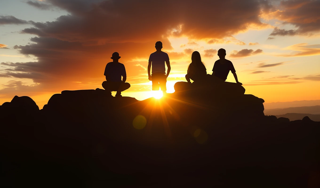 There are three people sitting on a rock with the sun setting, Motivacional, sentado, watching the sunset, in the sunset, setting sun, fim do dia, As the sun sets on the horizon, setting sun, setting sun, Inspirador, Sundown, at sunset, during sunset, durante o nascer do sol, ao nascer do sol, sunset sunrise, retroiluminado, aventura, Inspirador --auto