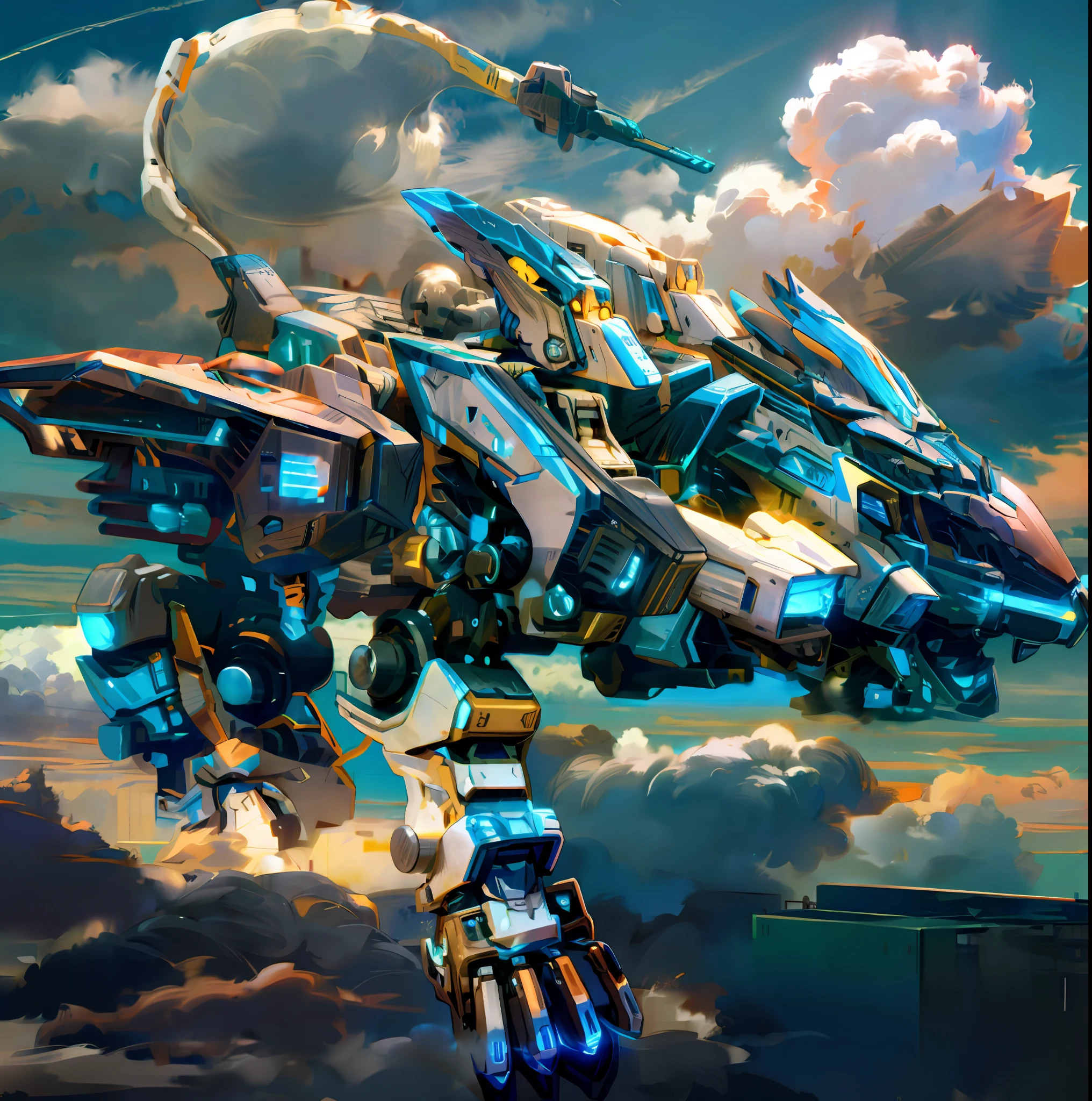 sky, cloud, holding_weapon, no_humans, glowing, , robot, building, glowing_eyes, mecha, science_fiction, city, realistic,mecha