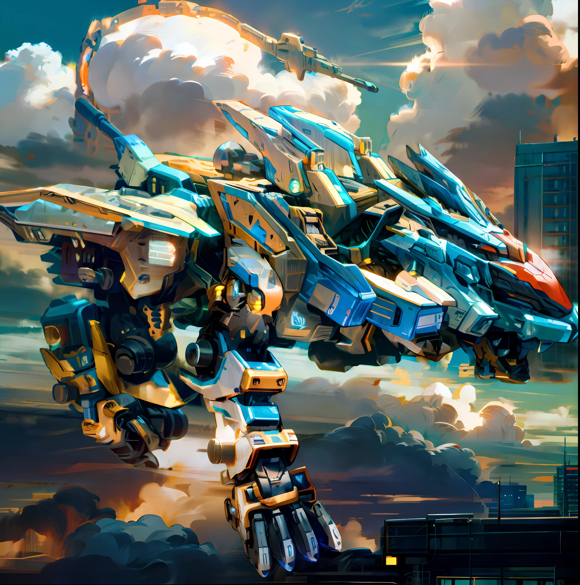 sky, cloud, holding_weapon, no_humans, glowing, , robot, building, glowing_eyes, mecha, science_fiction, city, realistic,mecha