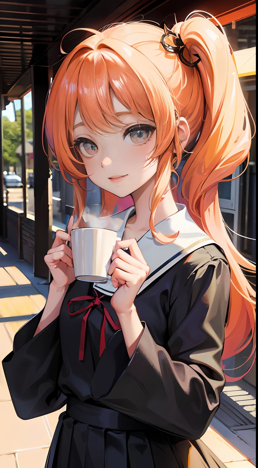 nighttime scene,Half-length portrait,Bust of cute anime girl in Japanese high school uniform, She was holding a cup of coffee in her hand,With a happy look on his face. Ruddy face,This piece was inspired by the famous artist Midwinter,Warm tones and slight yellow-white balance. Soft natural light at night, Cosy interior,Greenery, Highlight the details of her school uniform,Create a soft shadow behind her. The photo is framed in portrait style, with a shallow depth of field,Her petite figure can be captured,At the same time, Blur the background slightly. Artwork is drawn with digital tools, Use high-quality technology to capture every detail of a girl's appearance, From her hair strands to the intricate folds of her uniform.