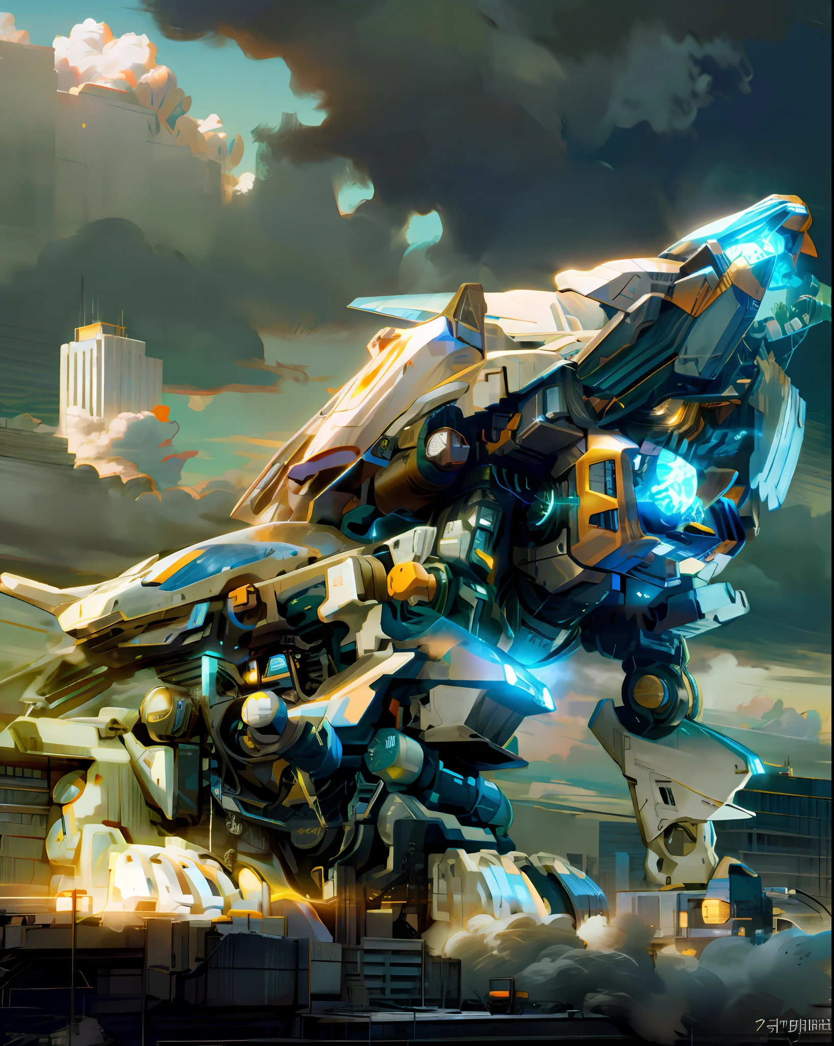 sky, cloud, holding_weapon, no_humans, glowing, , robot, building, glowing_eyes, mecha, science_fiction, city, realistic,mecha