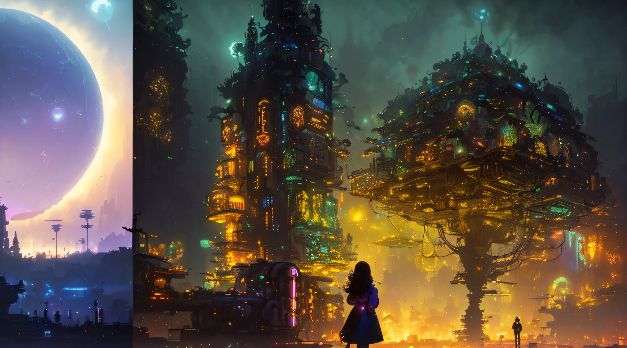 There are two photos of a woman standing in front of a building, paul lehr and beeple, forest city streets behind her, inspired by Paul Lehr, in fantasy sci - fi city, concept art wallpaper 4k, beautiful concept art, andreas rocha style, stylized urban fantasy artwork, fantasy matte painting，Cute, beeple and jean giraud