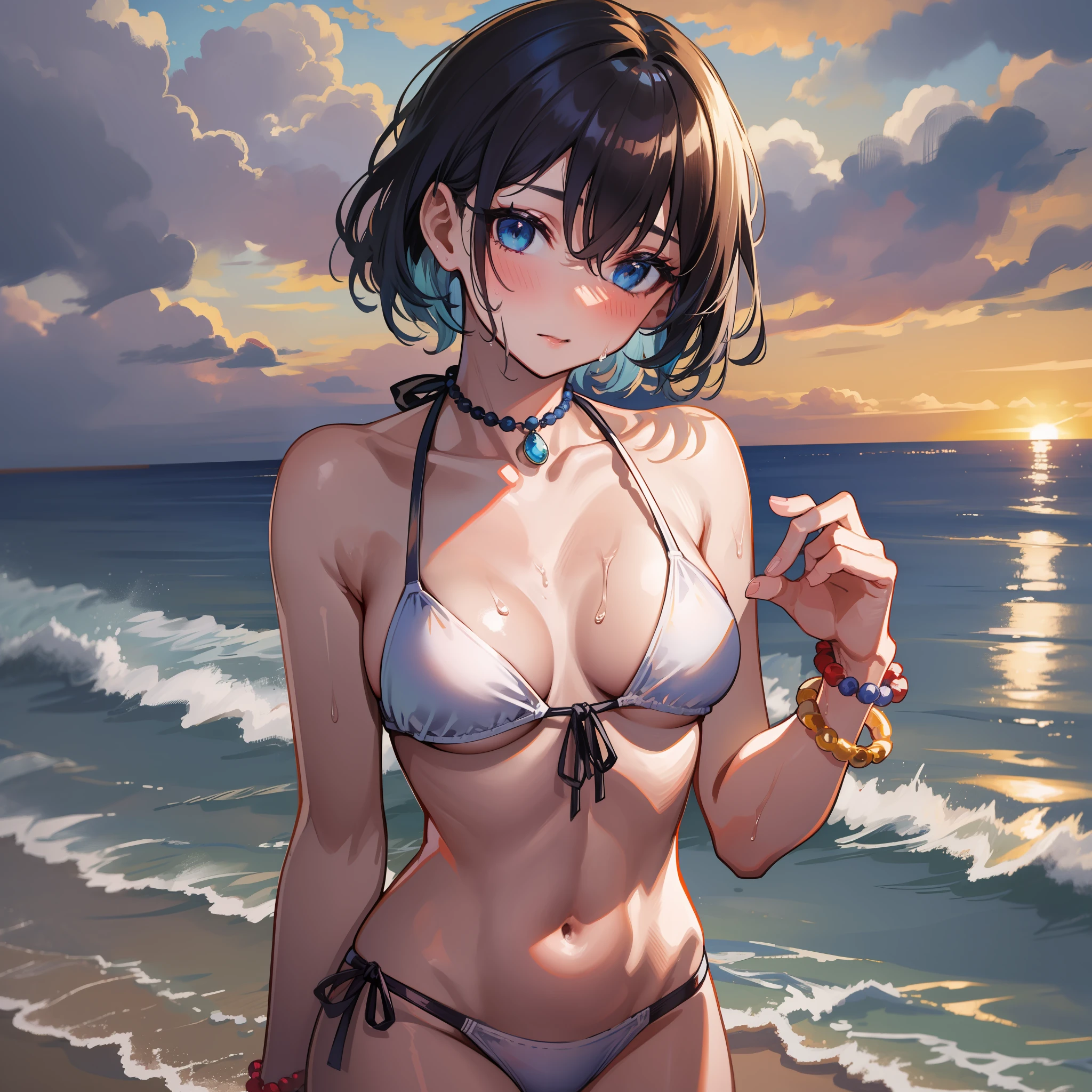 (名傌), ((Best Quality)), (Super Detail), 1 Girl, Dark blue hair color, Short hair, Sea, Sunrise, Tan, Front tie_bikini_top, Side tie_bikini_bottom, White bikini, Hair between eyes, Dark blue eyes, Beaded bracelet, wrist scrunchie, Long nails, blush, sweat, wet body, bangs, small breasts, fixed fingers, looking_al_ Viewer, cowboy shots, rich detail, perfect image quality,