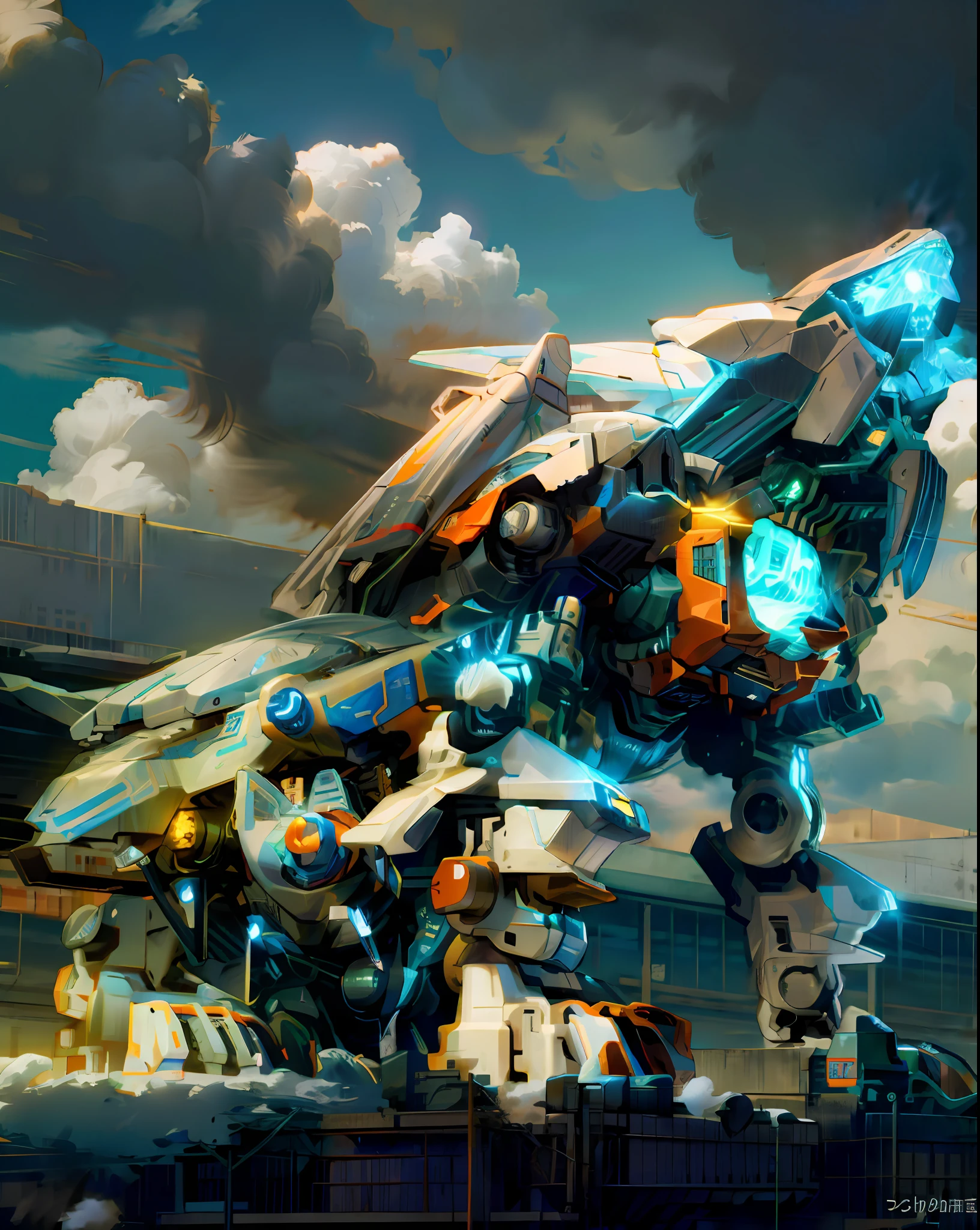 sky, cloud, holding_weapon, no_humans, glowing, , robot, building, glowing_eyes, mecha, science_fiction, city, realistic,mecha