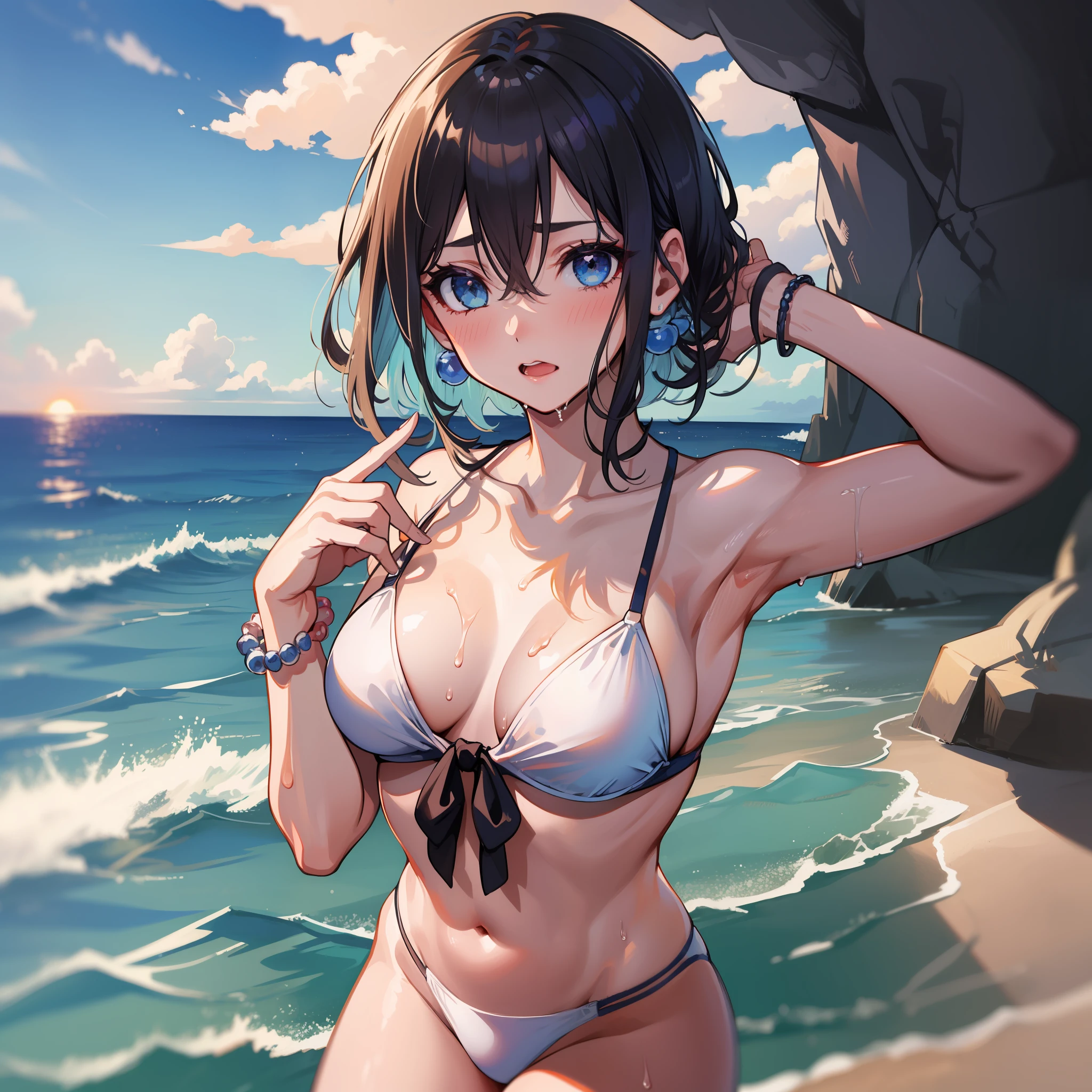 (名傌), ((Best Quality)), (Super Detail), 1 Girl, Dark blue hair color, Short hair, Sea, Sunrise, Tan, Front tie_bikini_top, Side tie_bikini_bottom, White bikini, Hair between eyes, Dark blue eyes, Beaded bracelet, wrist scrunchie, Long nails, blush, sweat, wet body, bangs, small breasts, fixed fingers, looking_al_ Viewer, cowboy shots, rich detail, perfect image quality,