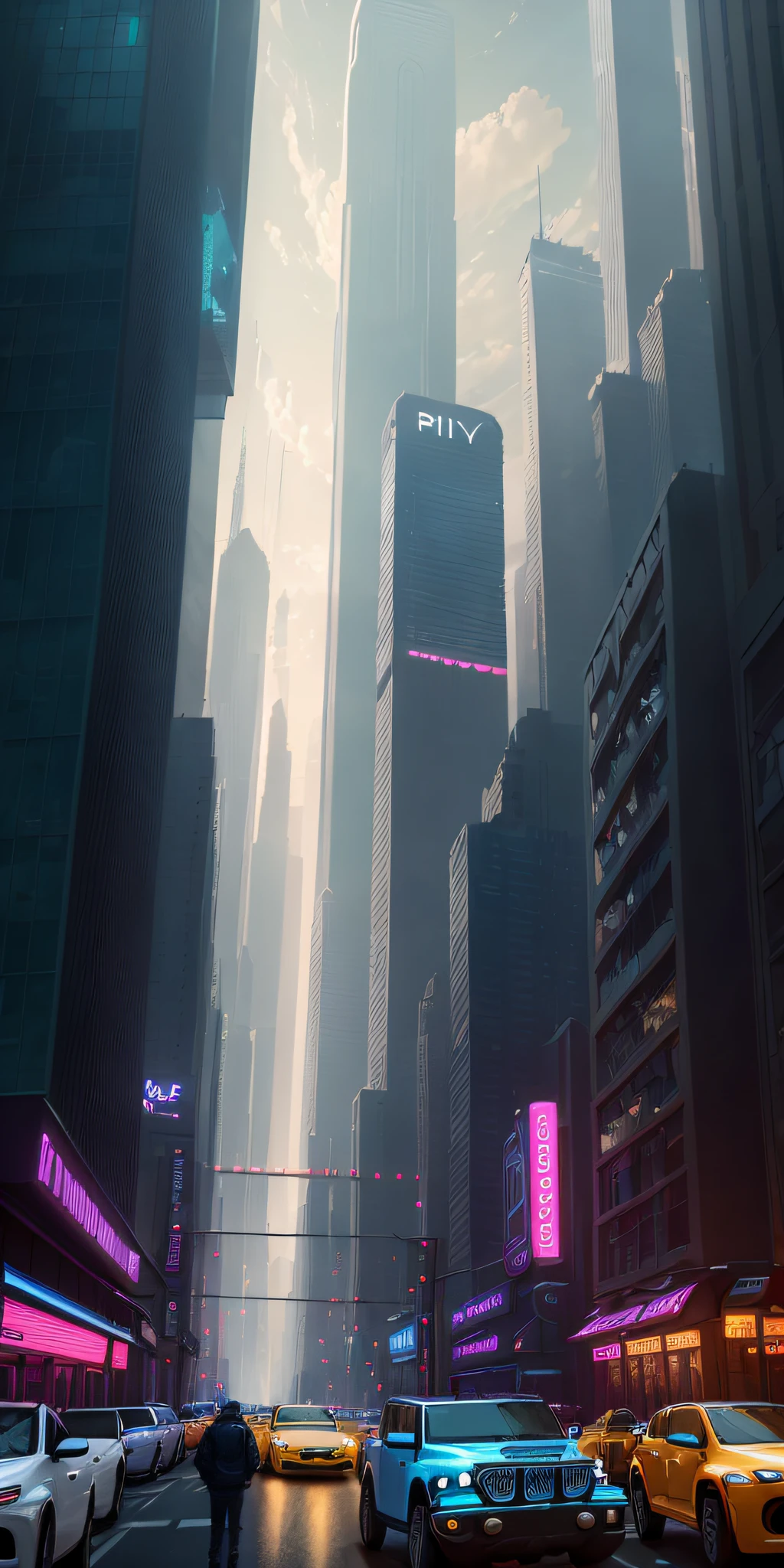 (masterpiece, best quality, ultra-detailed CG unity 8k wallpaper), high saturation, an extremely delicate and beautiful depiction of a futuristic cityscape featuring (Roi Joleil, Gakbobo, alexclusive, and Beep Beep I'm A Jeep of the Python Clan) amidst towering skyscrapers and neon lights. The scene is dynamic and vivid, with a sense of movement and energy, and captures the essence of urban life in a dazzling and unforgettable way.