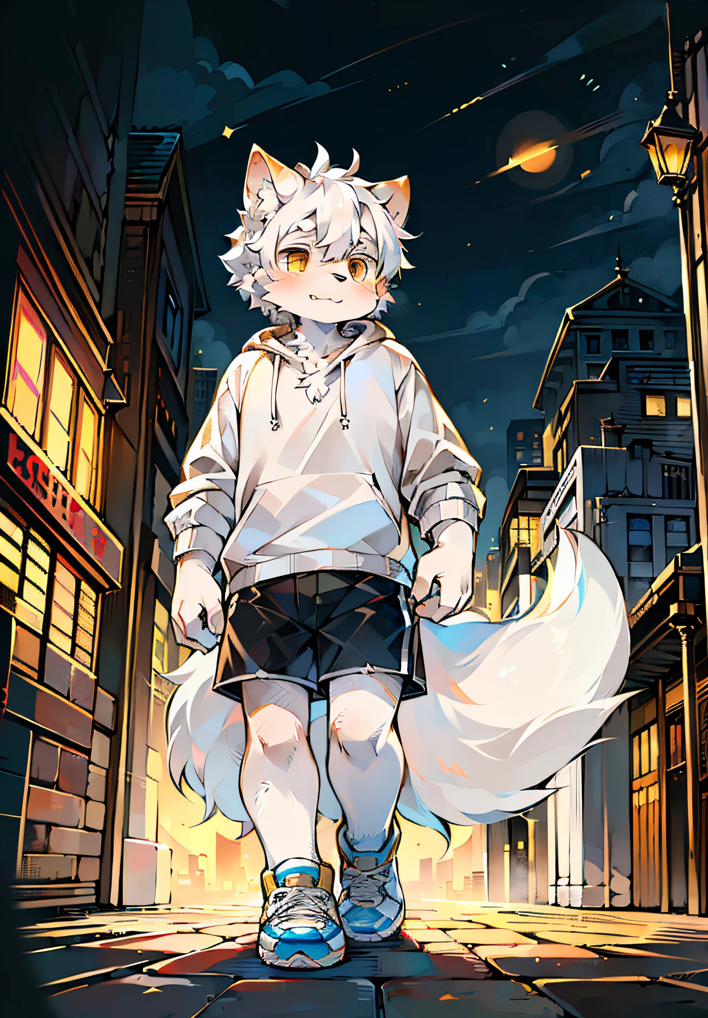Sunny environment:0.8),masterpiece,high quality,abstract res,digital painting\(artwork\), by dagasi, yupa,kiyosan,(anthro,fluffy fur,character focus:1.1),anthro male cat,short hair,portrait , eyes with brightness, in a panoramic view, Character focus.(detailedbackground:Large cities 0 during the day.7), 独奏, shaggy, shaggy male, malefocus, anthr,(Full Body Furry, Fluffy tail,Dog nose, White fur,adolable ,Yellow doji eyes, Short black hair:1.2), (long canines、Dog Samoyed、White hooded T-shirt、white ultra short pants、White shoes、White ears、White hair all over the body:1.2),(external、big city,In the daytime,time square:1.1