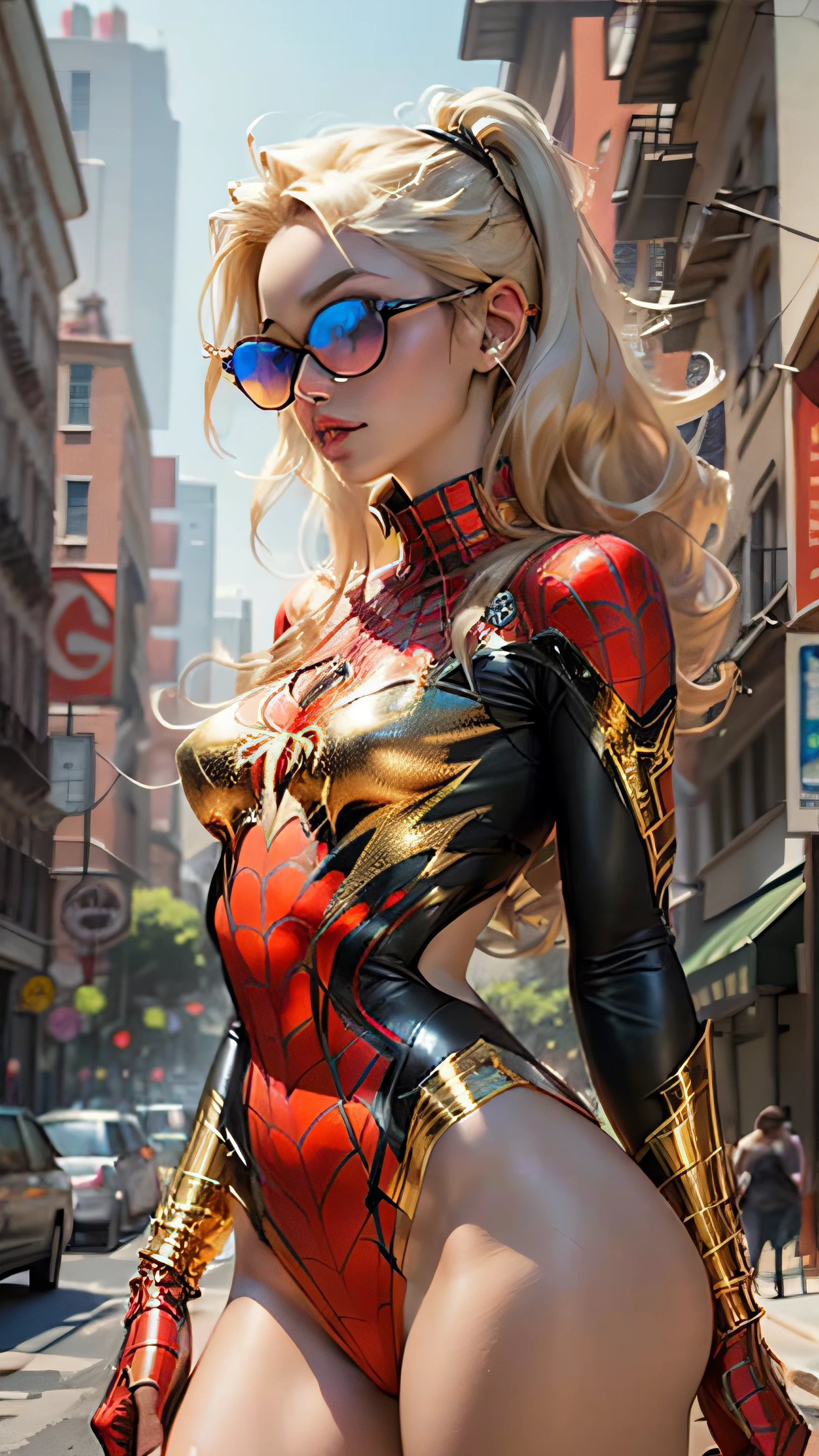 Beautiful blonde woman detailed defined body using gold spider man cosplay, tiny breasts, gold sunglasses