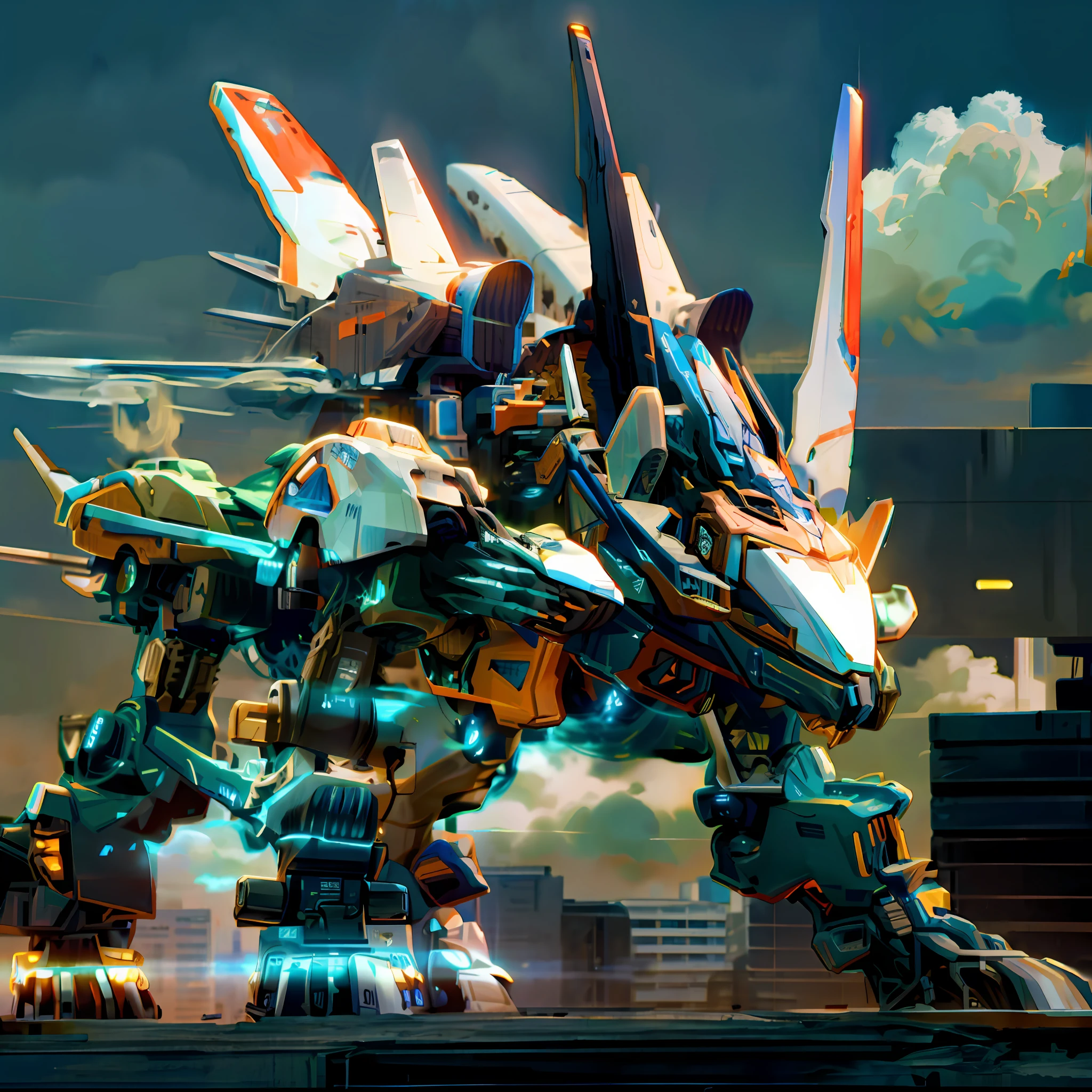 sky, cloud, holding_weapon, no_humans, glowing, , robot, building, glowing_eyes, mecha, science_fiction, city, realistic,mecha