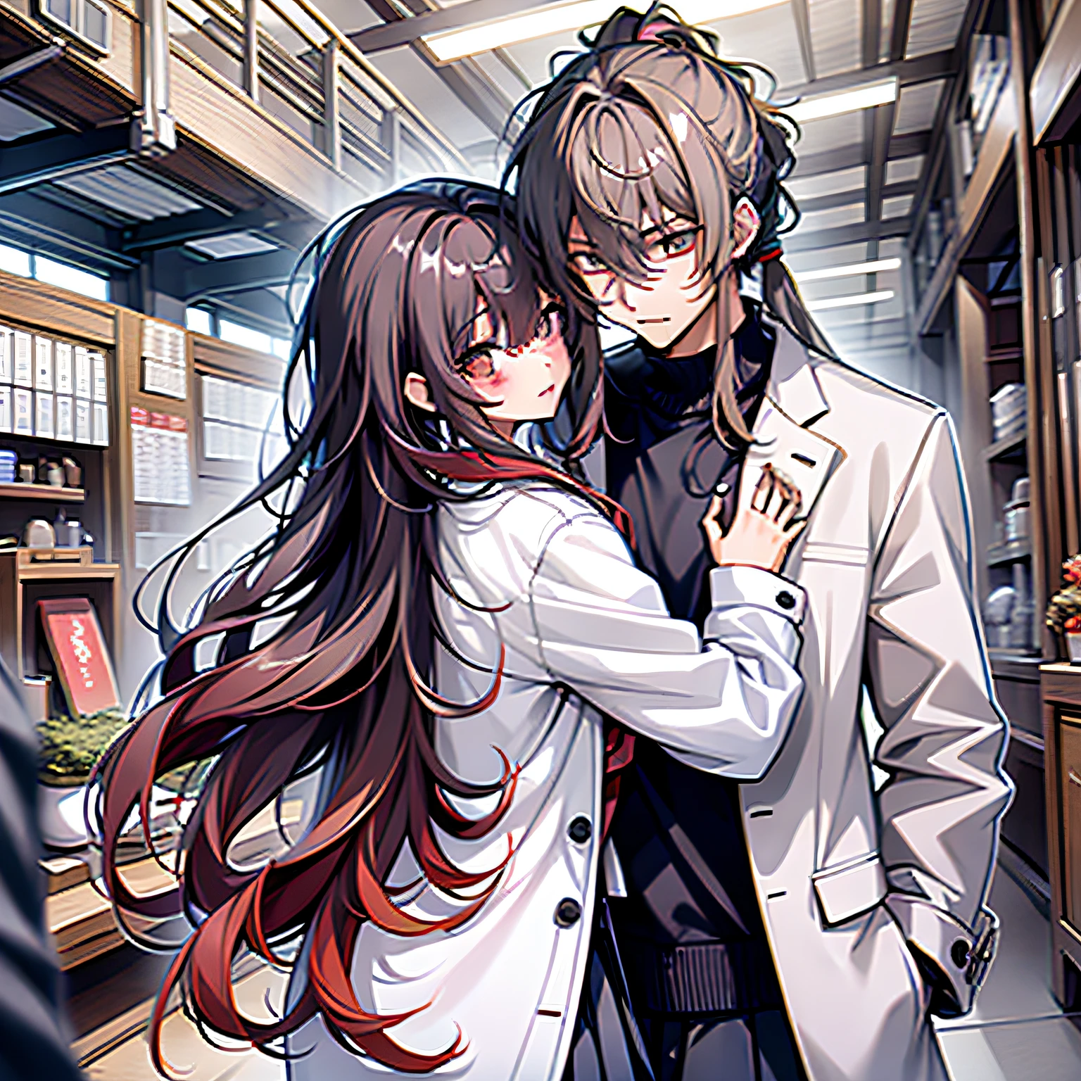 two guys,One long hair, Japanese high school girl wearing a Japanese school uniform sailor uniform,Take off your coat,Clothes and skirts are not dresses that are separate from dresses, Hug an adult man in a white suit shirt and high ponytail