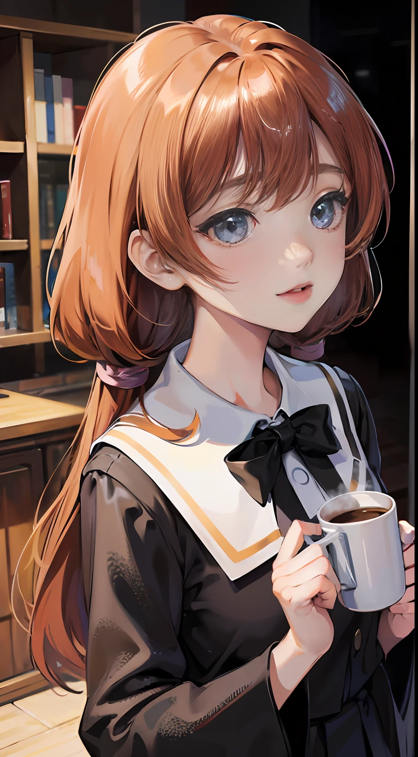 nighttime scene,Half-length portrait,Bust of cute anime girl in Japanese high school uniform, She was holding a cup of coffee in her hand,With a happy look on his face. Ruddy face,This piece was inspired by the famous artist Midwinter,Warm tones and slight yellow-white balance. Soft natural light at night, Cosy interior,Greenery, Highlight the details of her school uniform,Create a soft shadow behind her. The photo is framed in portrait style, with a shallow depth of field,Her petite figure can be captured,At the same time, Blur the background slightly. Artwork is drawn with digital tools, Use high-quality technology to capture every detail of a girl's appearance, From her hair strands to the intricate folds of her uniform.