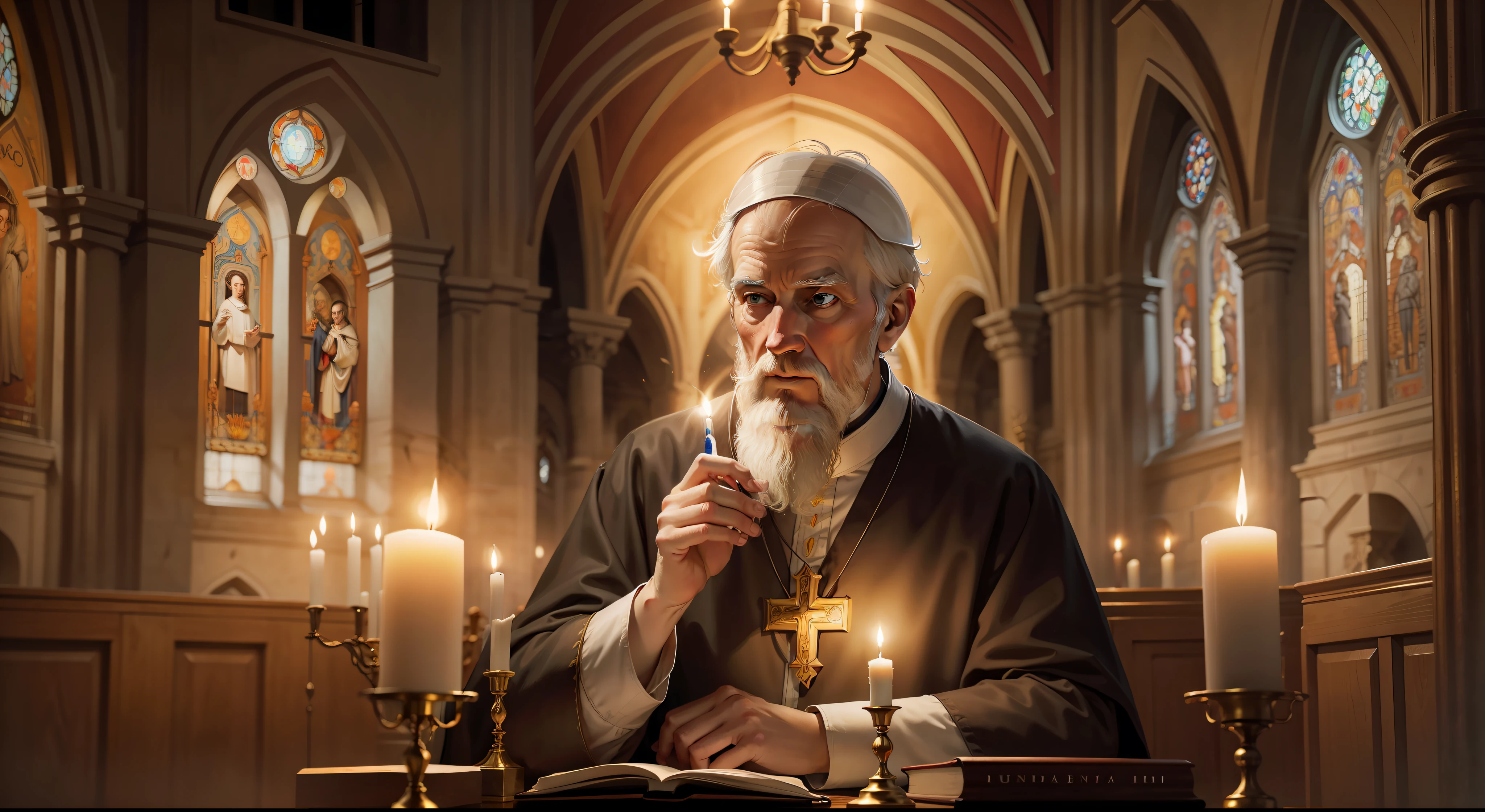 [Uma pintura realista de St. Benedict inside a candlelit church]