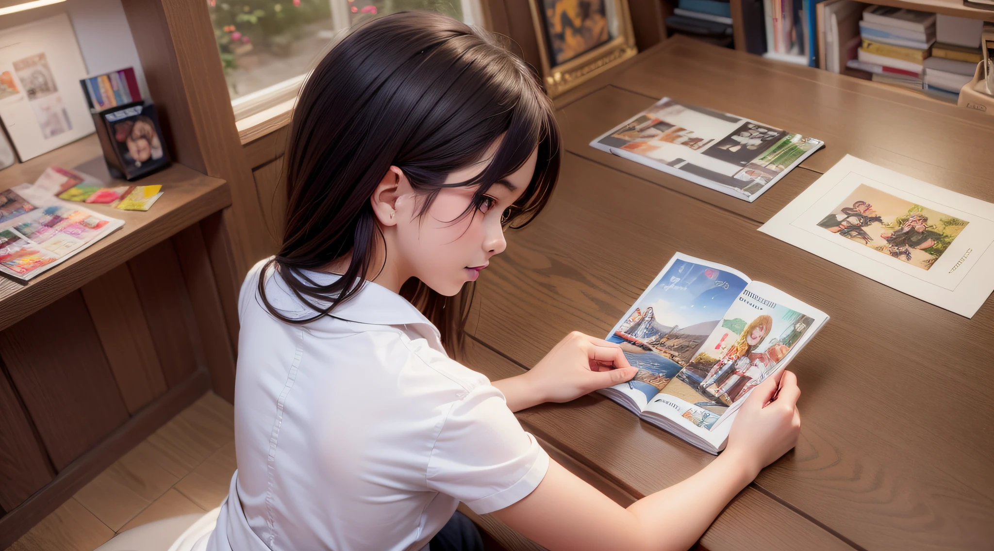 Anime character sitting at table with open book, Shot diagonally from above、childs drawing, childs drawing, Children drawing children's picture book illustrations with crepus, Shot with Canon EOA 6 D Mark II, taken with canon eos 5 d mark iv, picture book, Photo taken with Nikon D 7 5 0, Photograph Taken on Nikon D750, Illustrative storytelling, Children's painting Gwaites style artwork, guweiz on pixiv artstation, guweiz on artstation pixiv, painted in anime painter studio, kawacy, wlop and sakimichan, children's art in artstation, Smooth Anime CG Art, Detailed Digital Anime Art, artbook artwork