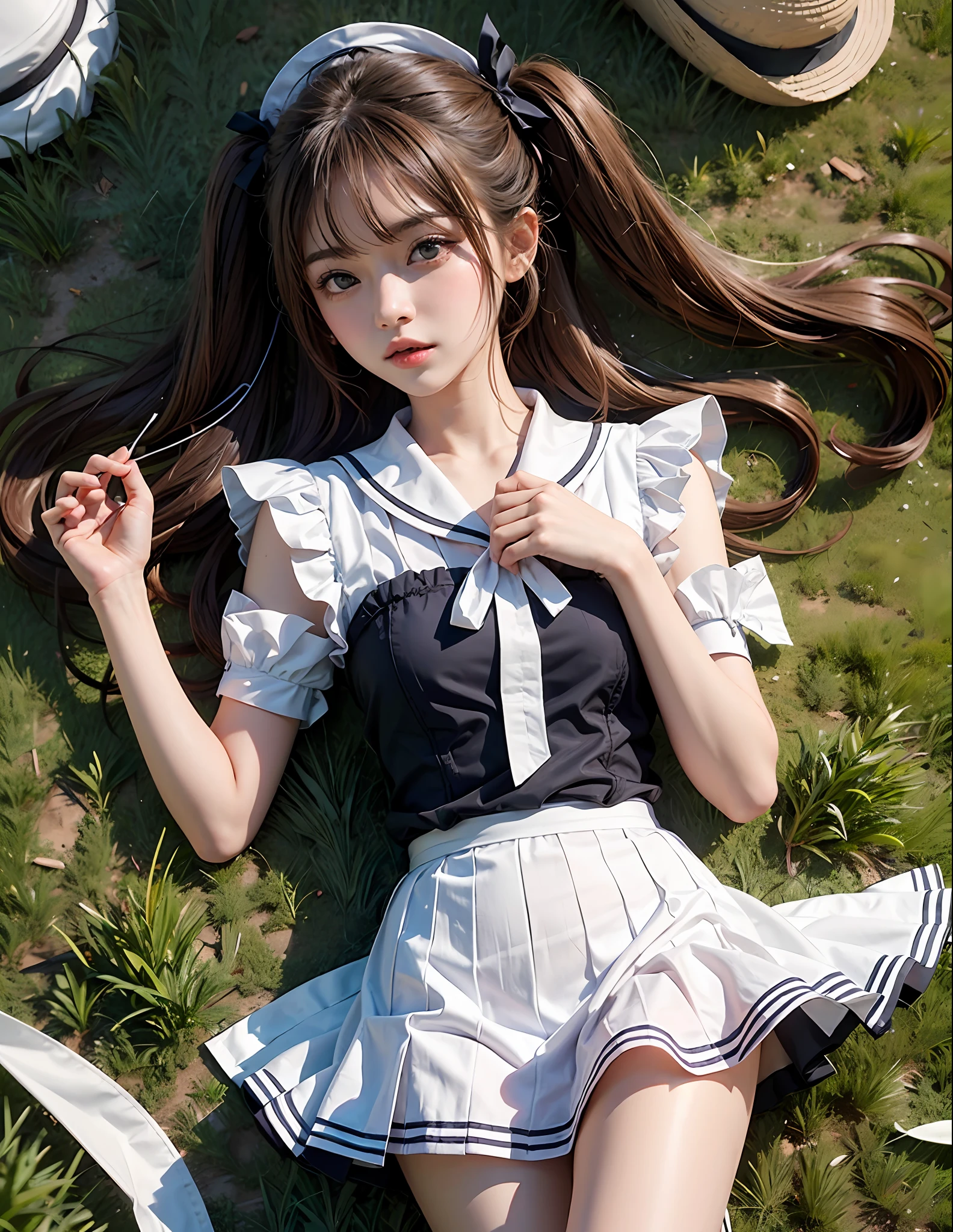 lying on the grass ground,1girl,twintails,brown hair,Qi bangs,curlies,maid,Flying,White sailor suit and short skirt,pink bows,-yeld fee model,