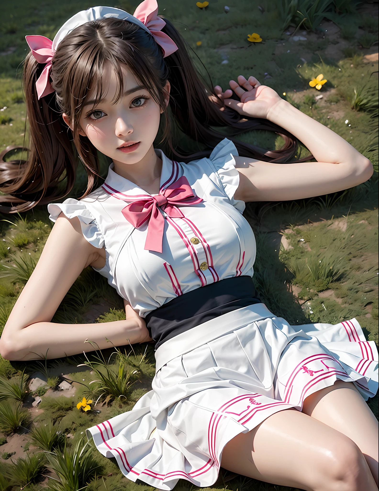 lying on the grass ground,1girl,twintails,brown  hair，Qi bangs，curlies,maid,Flying,White sailor suit and short skirt,pink bows,-yeld fee model,