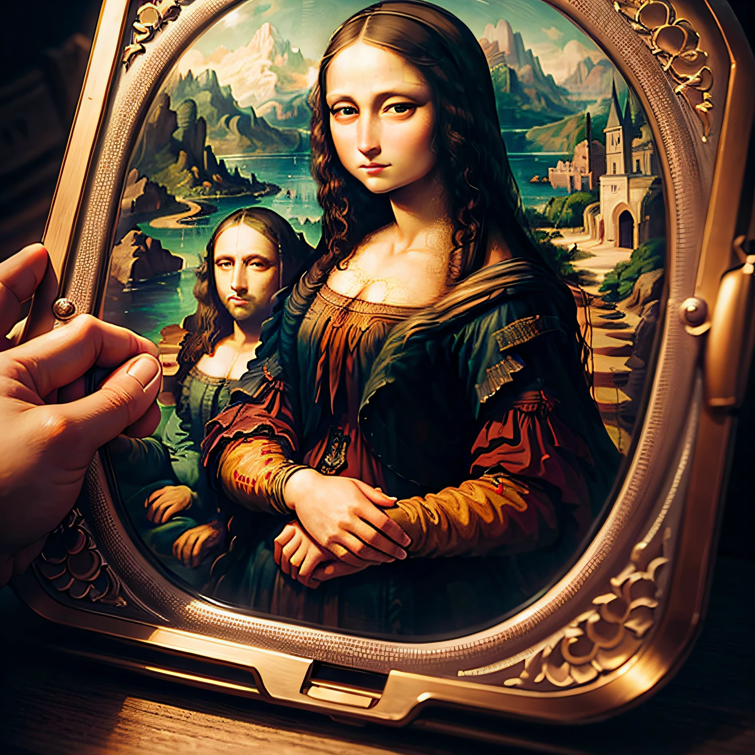 Mona Lisa touching iPad --auto