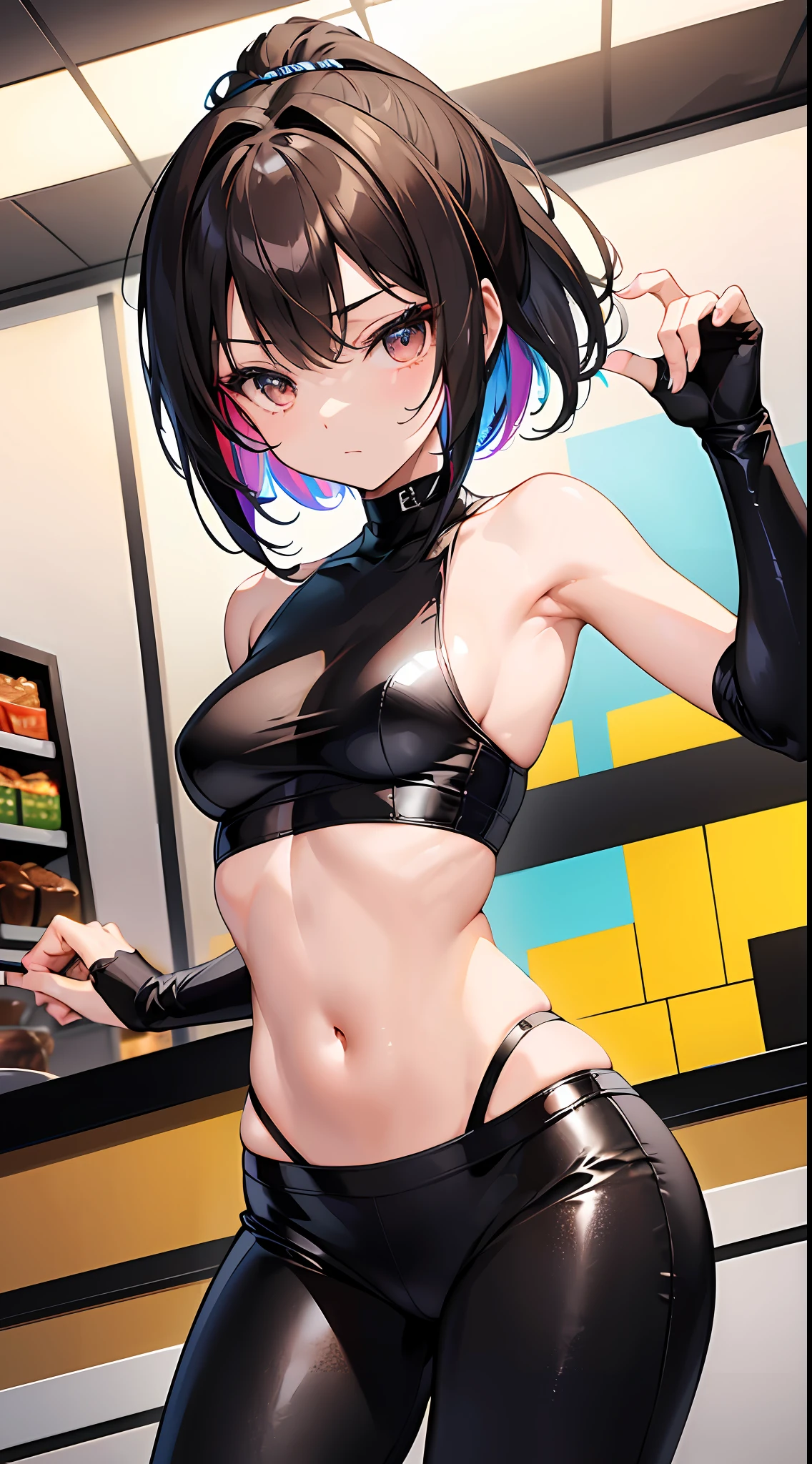 ((Masterpiece)), best quality, absurderes, ultra detailed, holographic, cowboy shot, dynamic pose, golden ratio, super cute girl, mature girl, extremely beautiful, super beautiful asian girl with super beautiful brown shiny eyes, super petite and sexy body, super beautiful legs, super beautiful brown multicolored short hair, high ponytail, shiny and super beautiful skin, nice and sexy body, slim and delicate body, perfect body, wearing a super tight black short sleeve crop top, bare shoulders, super tight translucid black leggings, hot panties, fox hairband, being photographed in a popular kawaii food court