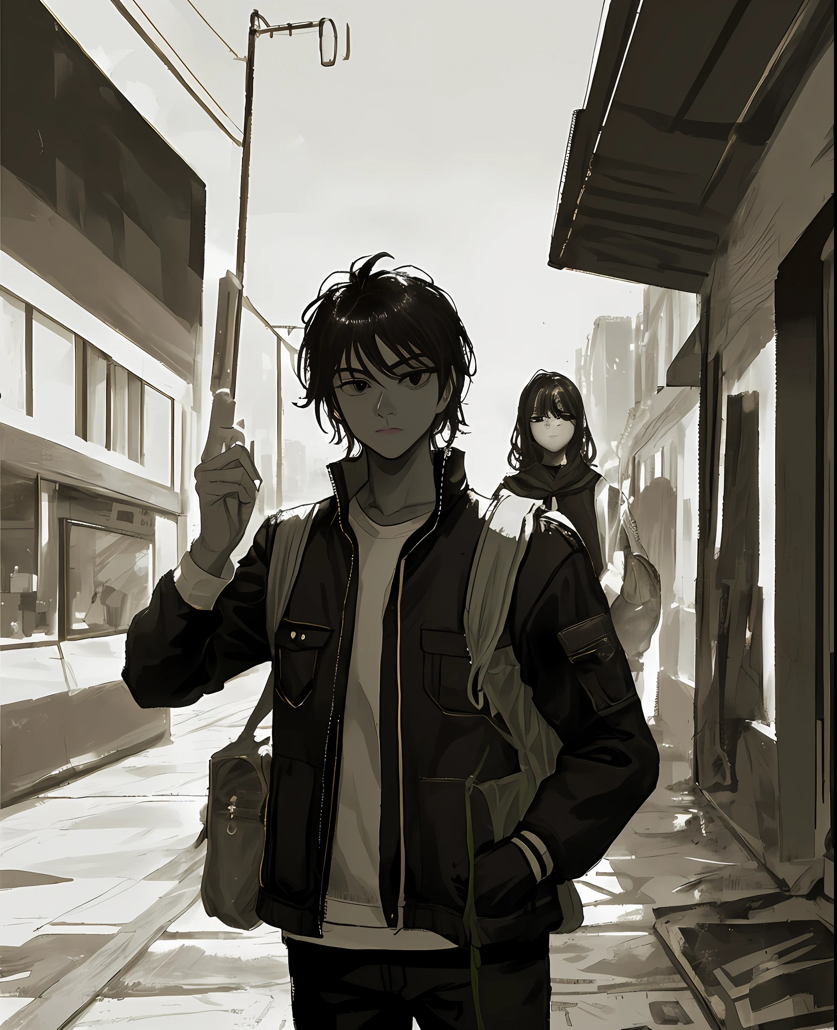 masterpiece, best quality, 1man, uniform, hand in pocket, school bag, black hair, black eyes,  cyberpunk, street,  monochrome, lineart