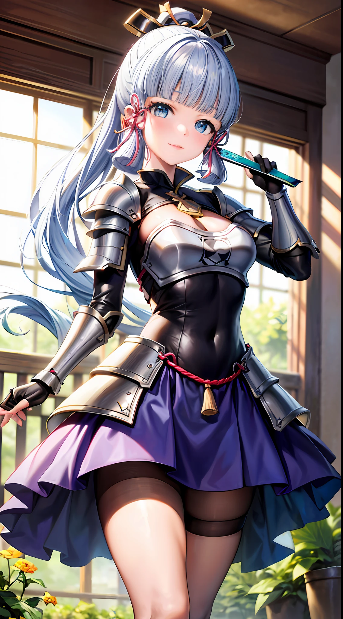 (best quality), (masterpiece), ((beautiful:0.75) cute girl:0.75), [clear and clean] pixiv (illustration), (kamisato ayaka), armored dress, hand fan,