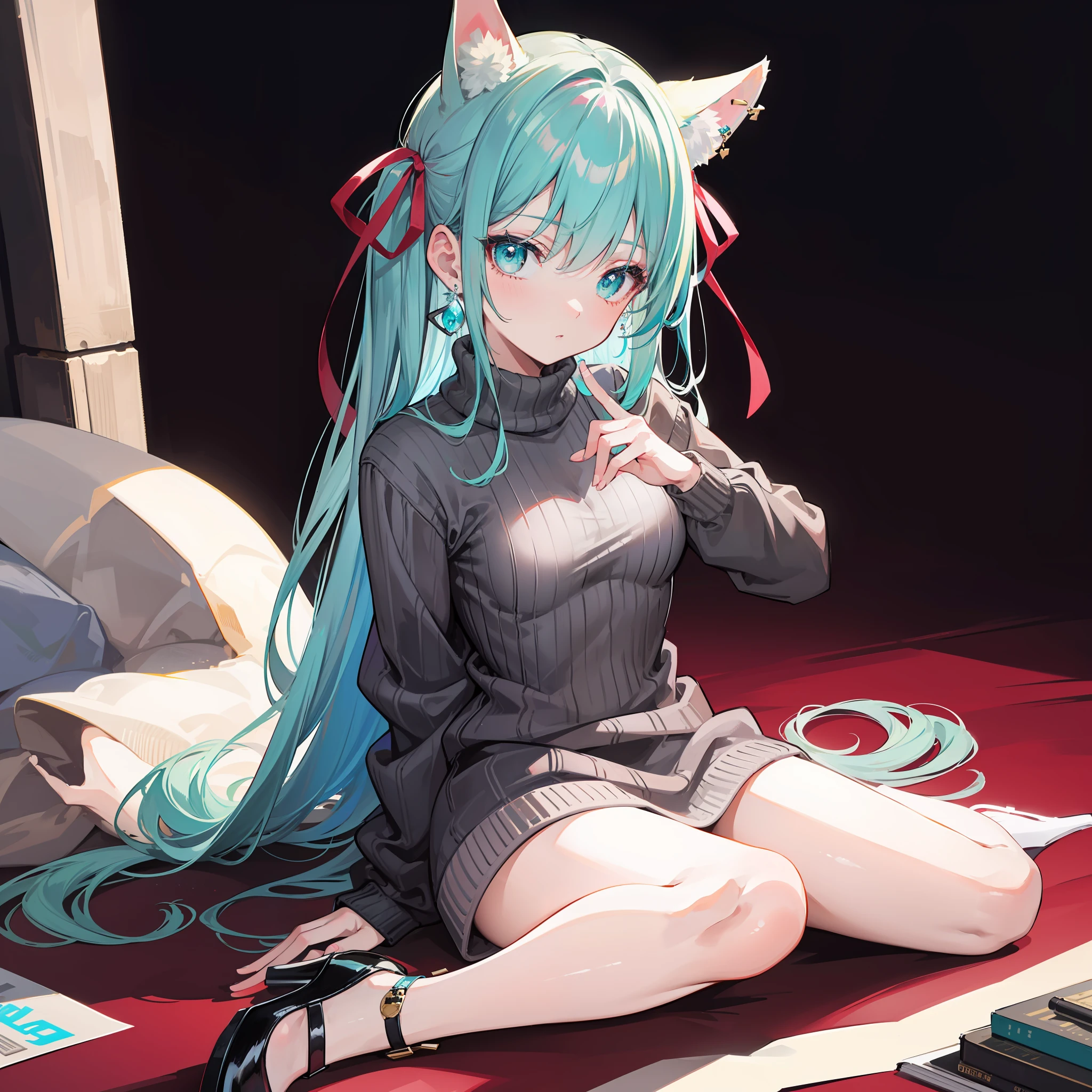 (top-quality、masterpiece),1girl in, Solo, Sitting, wariza, multicolored hair, aqua hair, Grey Hair, aqua eyes, Hair Ribbon, (dog ears)+++, Sweaters, high-heels, earrings, Park, small breasts, fixed fingers, looking_al_ Viewer, cowboy shots, rich detail, perfect image quality,