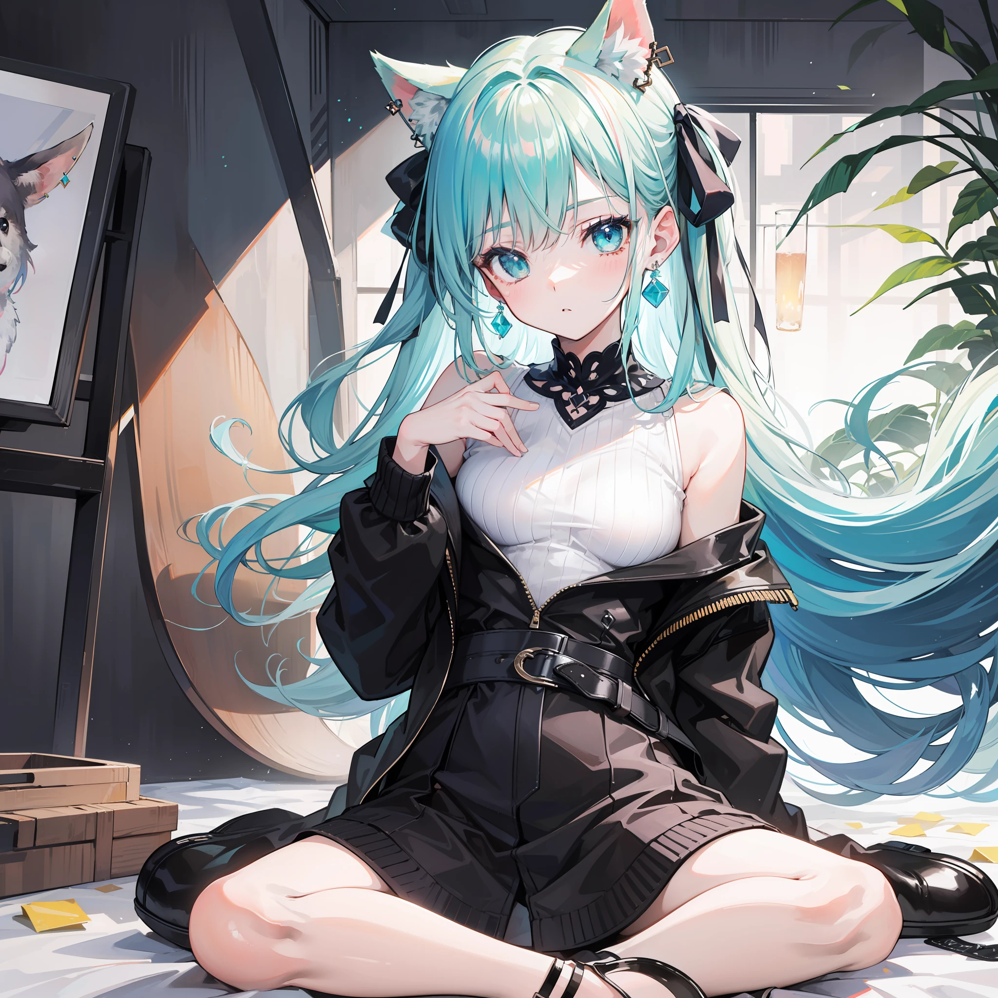 （top-quality、​masterpiece),1girl in, Solo, Sitting, wariza, multicolored hair, aqua hair, Grey Hair, aqua eyes, Hair Ribbon, (dog ears)+++, Sweaters, high-heels, earrings, Park, small breasts, fixed fingers, looking_al_ Viewer, cowboy shots, rich detail, perfect image quality,