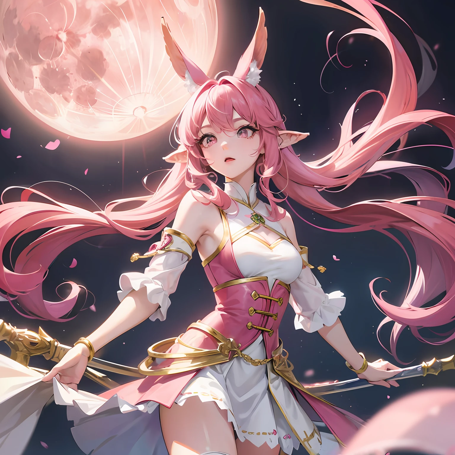 Kizi,Long hair and waist,A pink-haired,Height 1.8 meters,Upper body pink and white clothes,Pink white skirt for lower body,Under the moon,elvish ears --auto