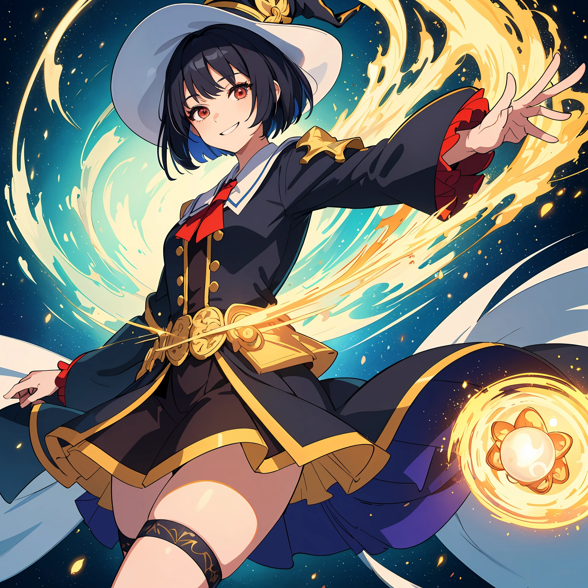 (((masterpiece))), (((best quality))), (((extremely detailed))), highly detailed, illustration, colorful particles, colorful magic, hyper detailed, wallpaper, beautiful, beautiful lighting, intricate, high contrast, cute look, bright colorful background, dynamic pose, dynamic angle, looking at viewer, upperbody, (thigh), volumetric lighting, 1girl, witch, white hat, red eyes, colorful, black hair, short skirt, thighs, stockings, magician robe, smiling, close up, unique detailed eyes, (casting magic)