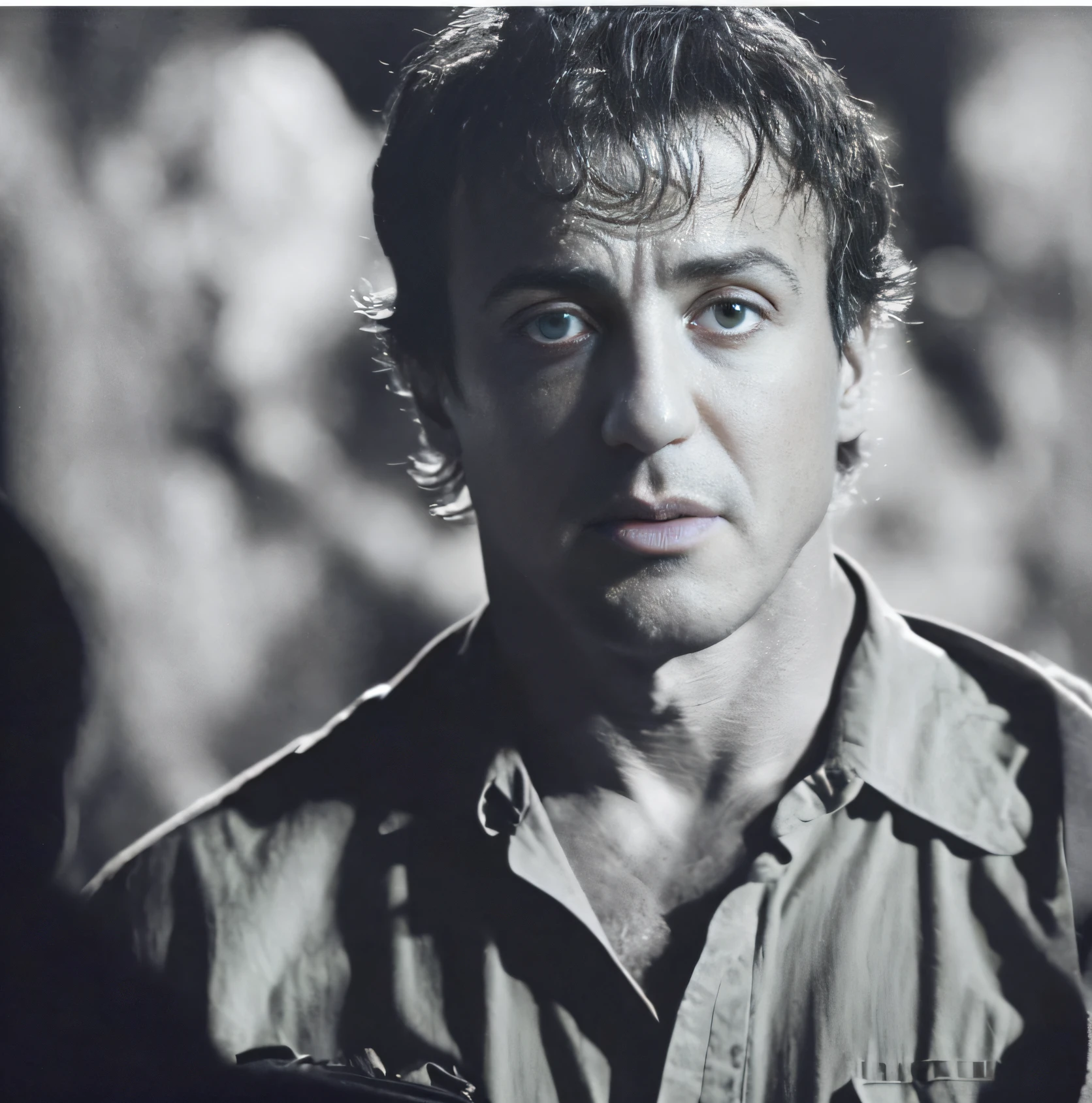 The Arafed man in a green shirt stares into the camera, Sylvester Stallone, Sylvester Stallone as Batman, rambo, shot from cinematic, menacing look, Tony Montana, he has a devastated expression, 《Modern apocalypse》cinematic Film still from, closeup cleavage!!!!!!, film promotional still, 4k still, close-up portrait film still, movie action still frame, cinematic Film still from