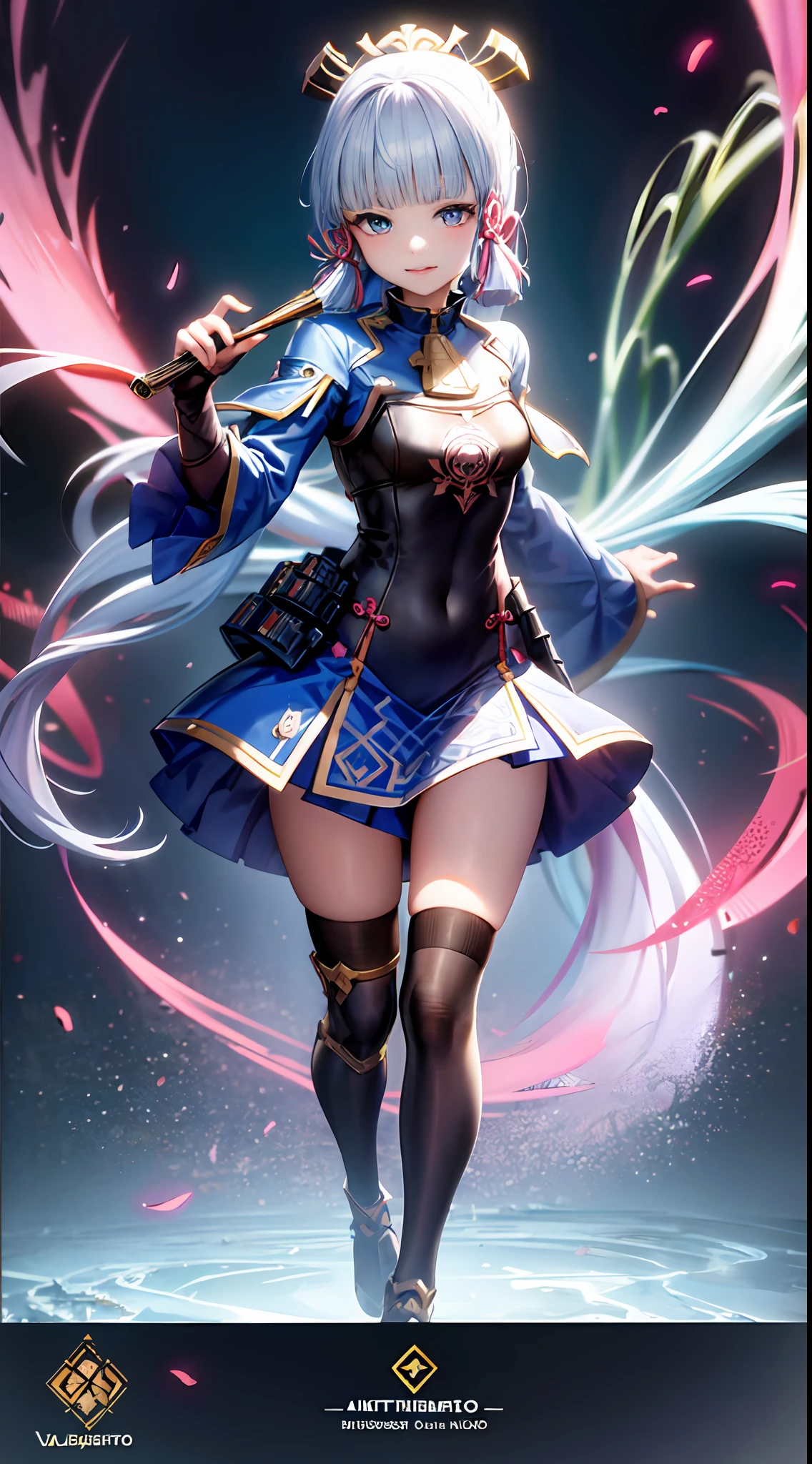 (Best quality), (Masterpiece), ((Beautiful:0.75) Cute girl:0.75), [clear and clean] Pisif (illustration), (kamisato ayaka), armored dress, Hand fan, Super detailed drawing， Luminism， Art concept art by Kahngriffith and Vadim Kashin， 4K resolution，Fractal isometric detail bioluminescence，3d render，rendering octane，ntricate detail，Filmic，Trend in artstation isometric center ultra-highism cover photo awesome full color，Hand drawn，gritty，Realistic Mucha，complex，hit definition，Filmic，Rough sketch，Bold lines，On paper。