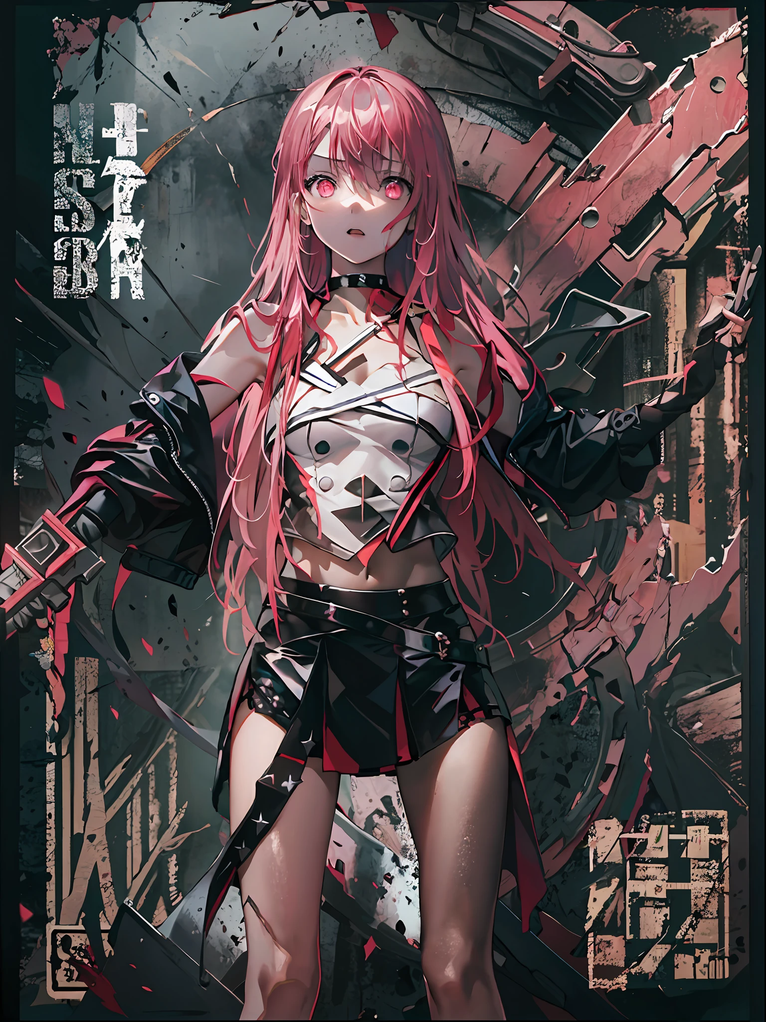 ((top-quality)), ((​masterpiece)), ((ultra-detailliert)), (extremely delicate and beautiful),(((Dramatic)))、(((gritty)))、(((vehement)))Movie poster featuring a young woman as the main character。Beautiful long pink hair、Magazine Art、She wears stylish and edgy clothes、Stand confidently in the center of the poster。Dressed in costume、I have a look of determination on my face。The background is dark and gritty.、Feeling danger and intensity。Text is bold and attention-grabbing、The catchy tagline is、Enhances the overall sense of drama and excitement。The color palette is predominantly bright、studded with saturated bright colors.、It gives the poster a dynamic and visually striking look。a miniskirt、校服、Black Choker