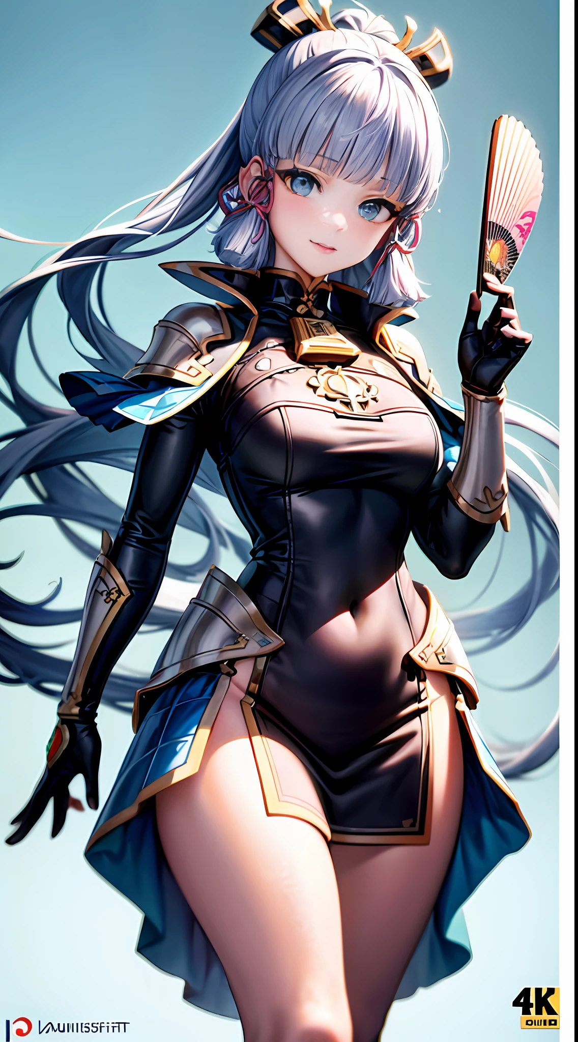 (Best quality), (Masterpiece), ((Beautiful:0.75) Cute girl:0.75), [clear and clean] Pisif (illustration), (kamisato ayaka), armored dress, Hand fan, Super detailed drawing， Luminism， Art concept art by Kahngriffith and Vadim Kashin， 4K resolution，Fractal isometric detail bioluminescence，3d render，rendering octane，ntricate detail，Filmic，Trend in artstation isometric center ultra-highism cover photo awesome full color，Hand drawn，gritty，Realistic Mucha，complex，hit definition，Filmic，Rough sketch，Bold lines，On paper。