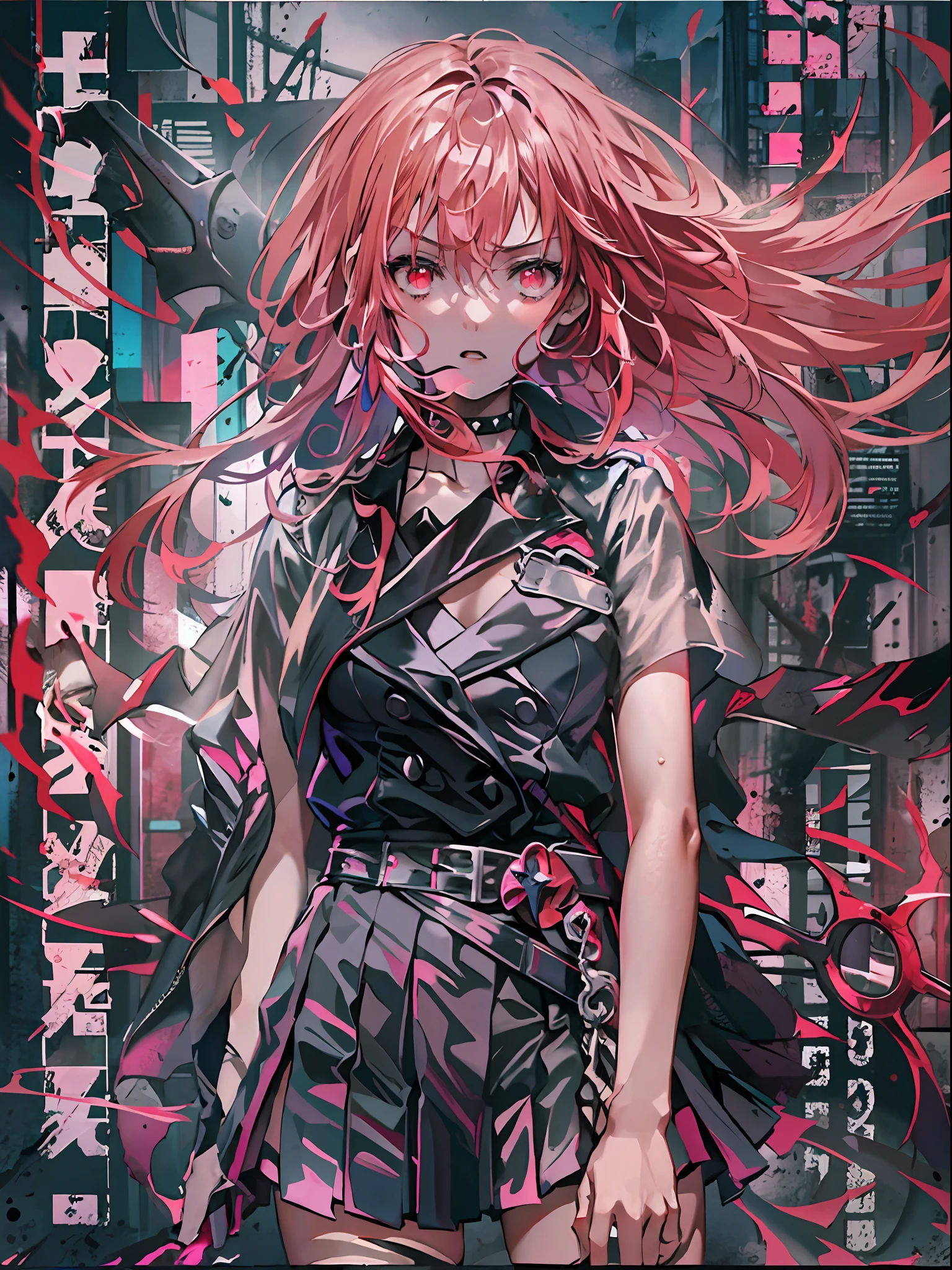 ((top-quality)), ((​masterpiece)), ((ultra-detailliert)), (extremely delicate and beautiful),(((Dramatic)))、(((gritty)))、(((vehement)))Movie poster featuring a young woman as the main character。Beautiful long pink hair、Magazine Art、She wears stylish and edgy clothes、Stand confidently in the center of the poster。Dressed in costume、I have a look of determination on my face。The background is dark and gritty.、Feeling danger and intensity。Text is bold and attention-grabbing、The catchy tagline is、Enhances the overall sense of drama and excitement。The color palette is predominantly bright、studded with saturated bright colors.、It gives the poster a dynamic and visually striking look。a miniskirt、校服、Black Choker