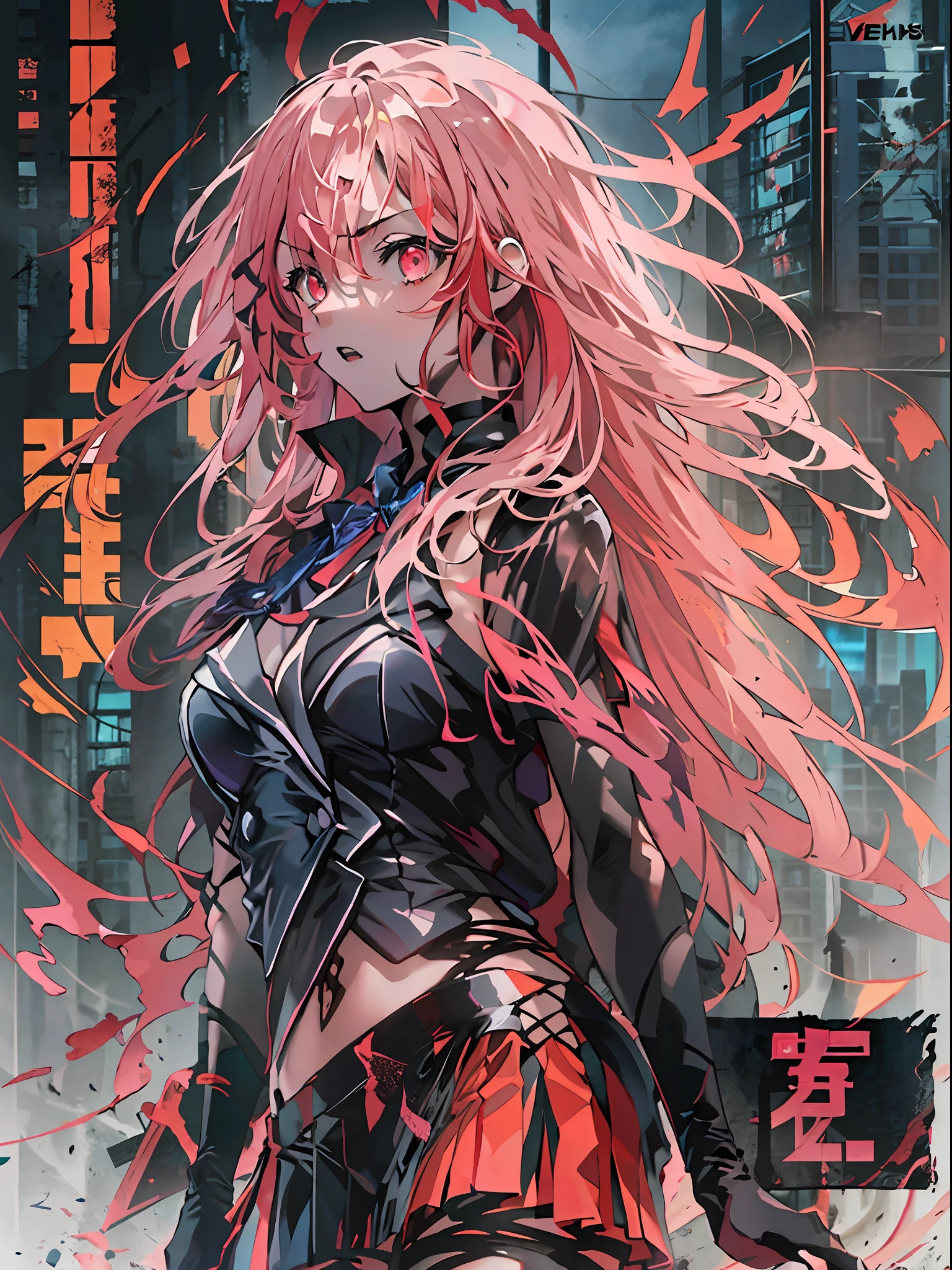 ((top-quality)), ((​masterpiece)), ((ultra-detailliert)), (extremely delicate and beautiful),(((Dramatic)))、(((gritty)))、(((vehement)))Movie poster featuring a young woman as the main character。Beautiful long pink hair、Magazine Art、She wears stylish and edgy clothes、Stand confidently in the center of the poster。Dressed in costume、I have a look of determination on my face。The background is dark and gritty.、Feeling danger and intensity。Text is bold and attention-grabbing、The catchy tagline is、Enhances the overall sense of drama and excitement。The color palette is predominantly bright、studded with saturated bright colors.、It gives the poster a dynamic and visually striking look。a miniskirt、校服、Black Choker