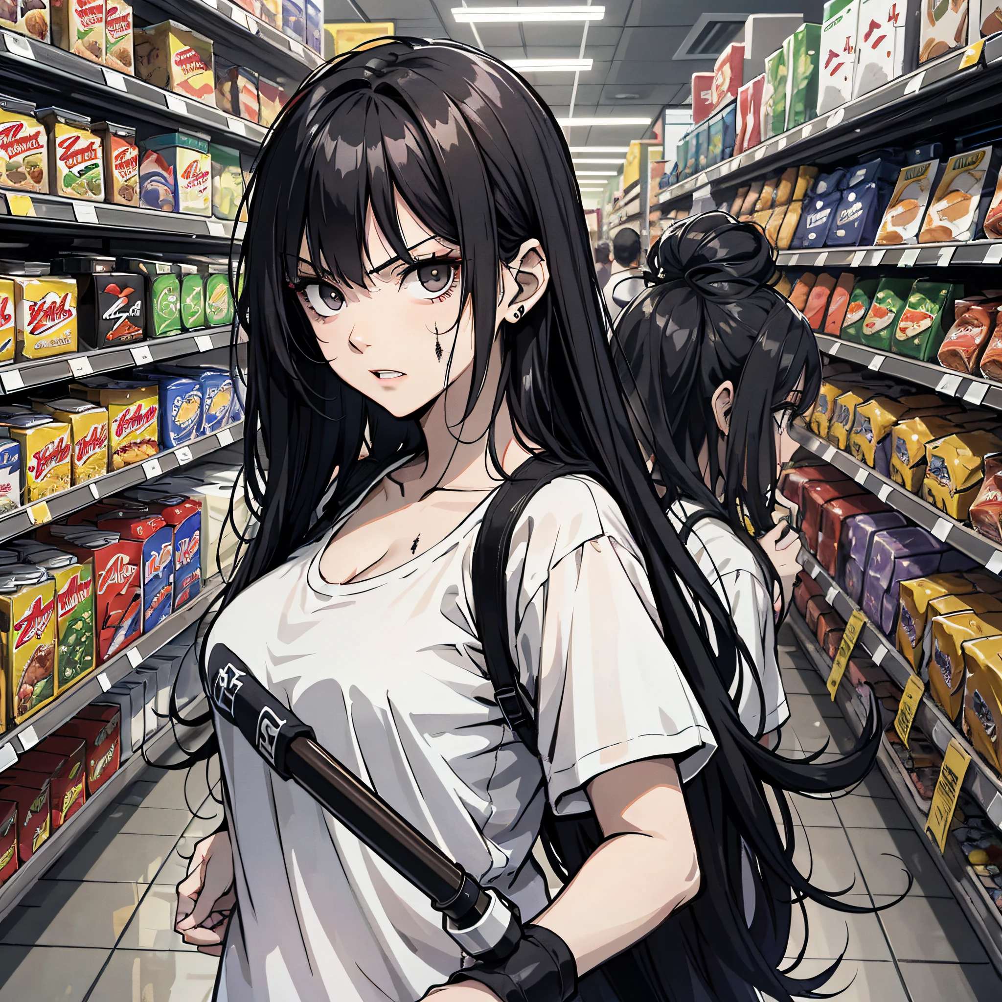 Ridiculous resolution，A high resolution，（tmasterpiece：1.4），Hyper-detailing，cabelos preto e longos, 1 middle-aged woman, Black eyes, White shirt，Holding a weapon，Supermarket，Zombie apocalypse，Zombie outbreak，With a baseball bat，attacking，angry look